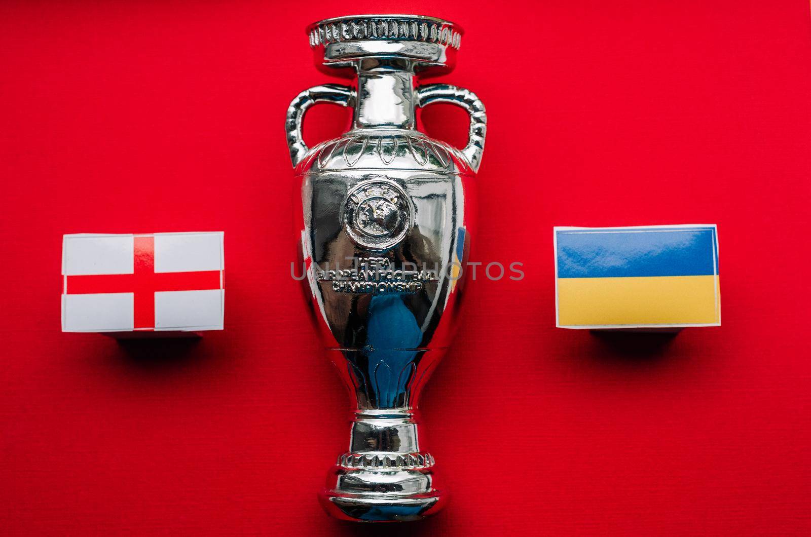 July 1, 2021 Rome, Italy. Flags of the participants of the 1/4 finals of the European Football Championship of Ukraine and England against the backdrop of the Euro Cup 2020.