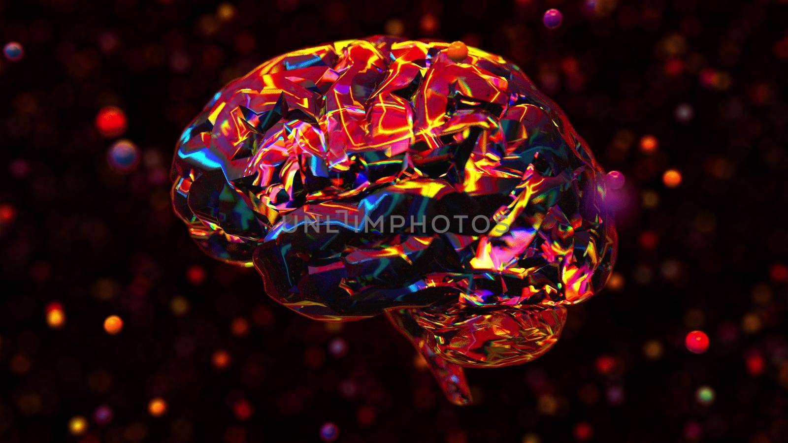 Bright digital 3d render intelligence with shimmering synapse tracks. Futuristic artificial mind with decorative spirals creative information. Computer modulation of brain activity.