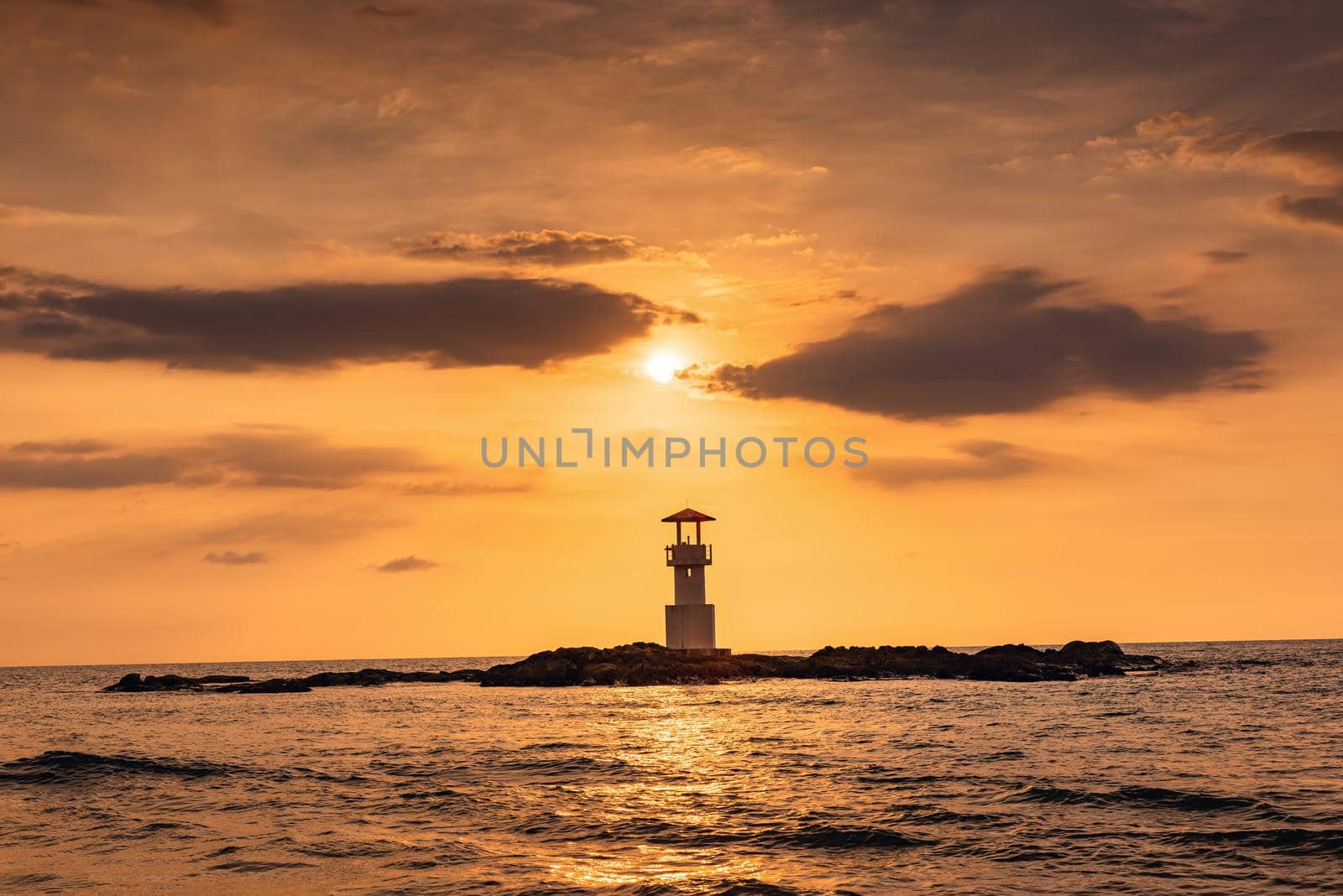 Seascape Scenery View With Lighthouse During Dramatic Cloudy at Sunset, Nature Landscape Tropical Seashore Scenic and Beautiful Beach Against Horizon Over The Sea Water. Natural Panoramic of The Beach by MahaHeang245789