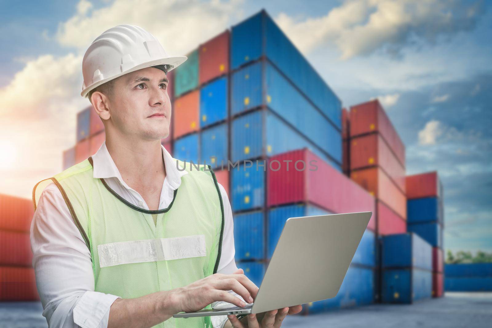 Container Supervisor Control Import/Export While Inspecting Containers Box in Warehouse Storage Distribution. Container Logistics Shipping Controlling of Transportation Industry, Cargo Ship Factory by MahaHeang245789