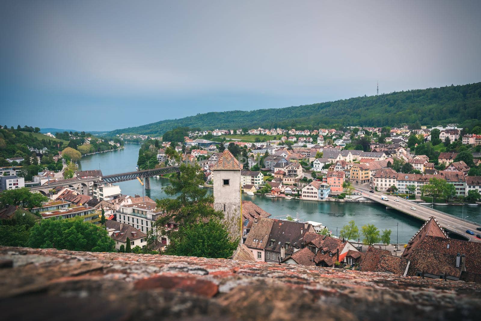Cityscape Old Town and Historic Buildings of Schaffhausen City, Switzerland, Beautiful Ancient Church and Architecture of Swiss Culture at Daylight. Travel Historical and Famous Place of Switzerland