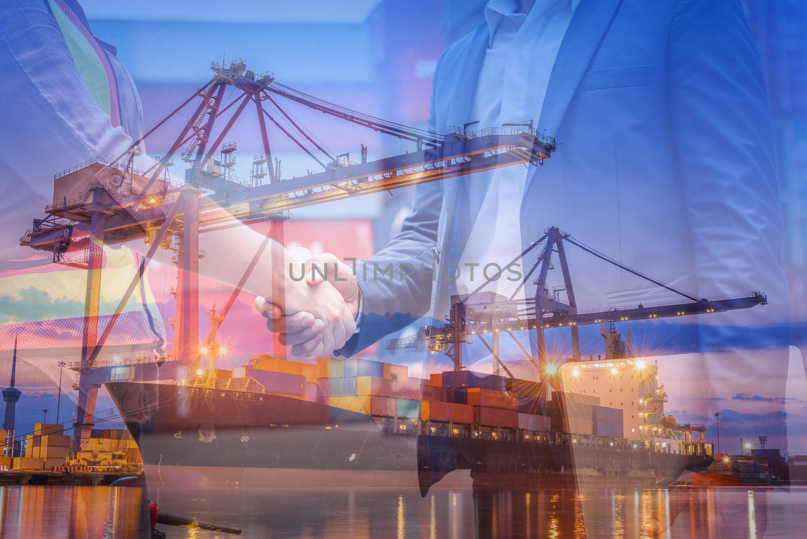 Double Exposure of Businessman and Container Shipping Worker Greeting Handshake Together With Containers Cargo Ship Port Terminal. Transportation Freight for Import/Export of Shipment Service Industry