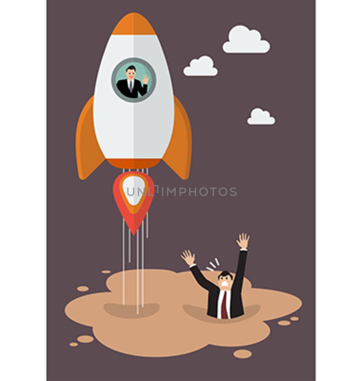Businessman on a rocket get away from puddle of quicksand by siraanamwong