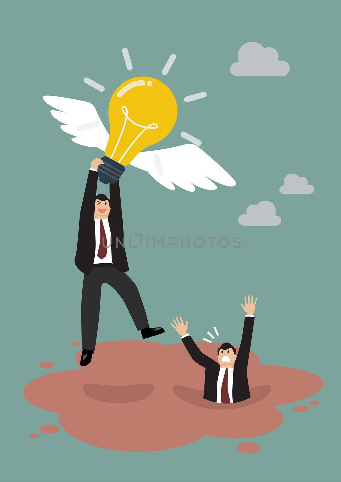 Businessman hold flying lightbulb get away from quicksand. Business concept