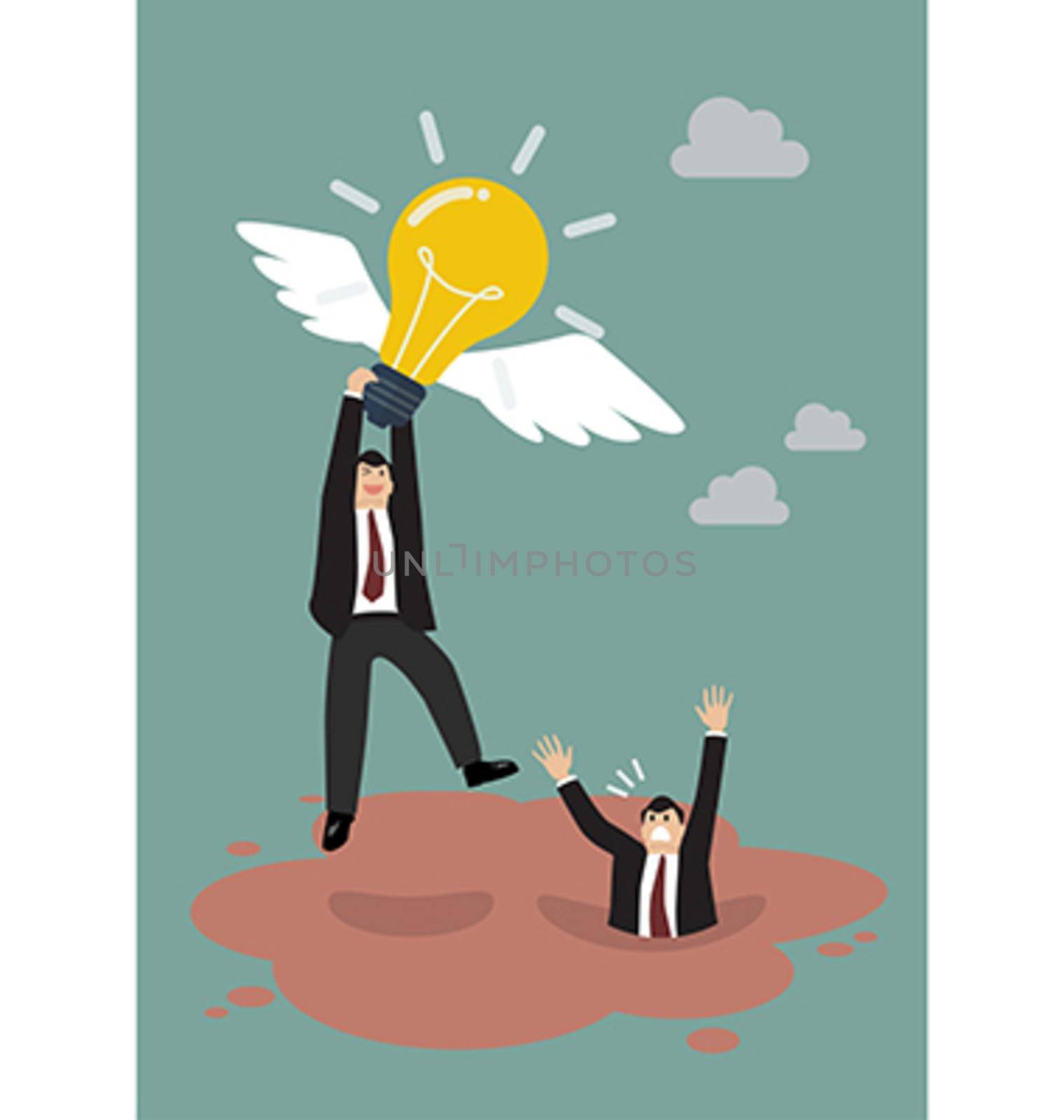 Businessman hold flying lightbulb get away from quicksand by siraanamwong