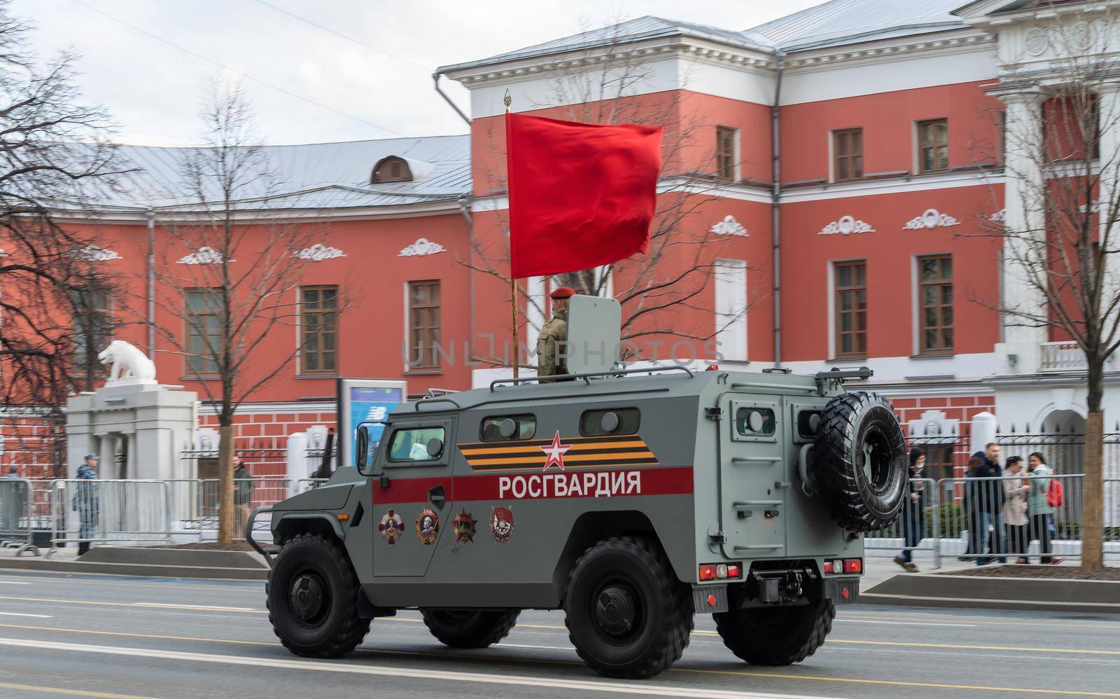 April 30, 2021 Moscow, Russia. Tiger armored car of the Russian National Guard on Tverskaya Street in Moscow.