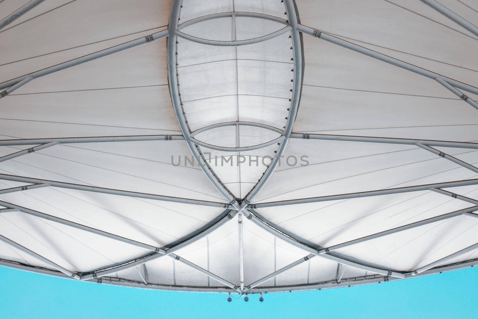 Fabric Tension Membrane Facade Detail Structure of Roofing Sun Shade, Modern Architecture Facade Building Design for Outdoors Resting Area. Abstract Pattern Background of Roof Tensile Membranes