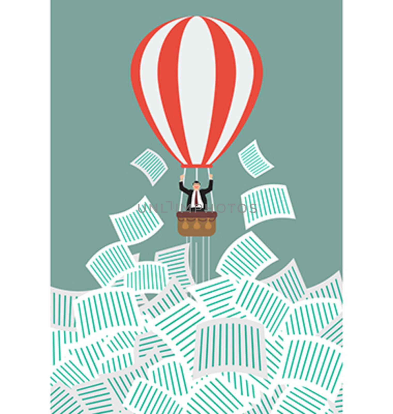 Businessman on hot air balloon get away from a lot of documents. Office concept