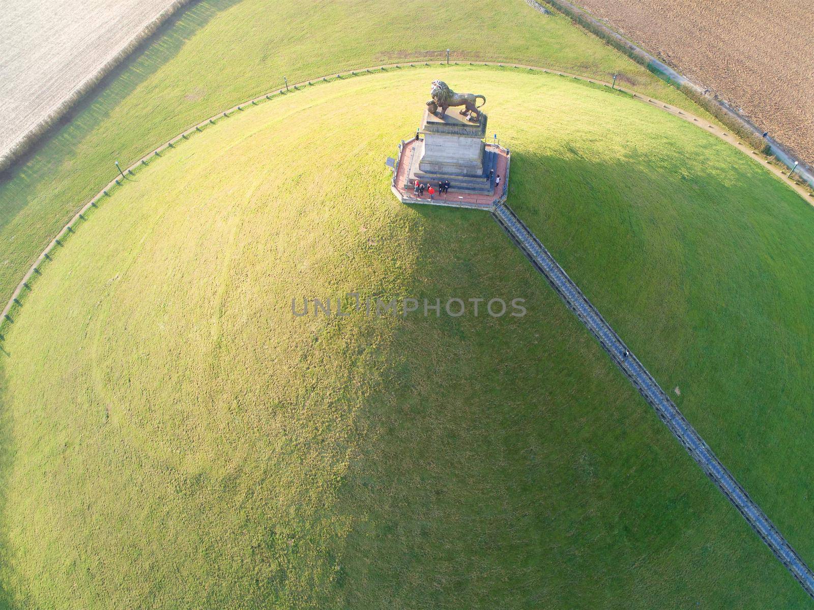 Aerial view of The Lion's Mound with farm land around. The immense Butte Du Lion on the battlefield of Waterloo where Napoleon died. Belgium.