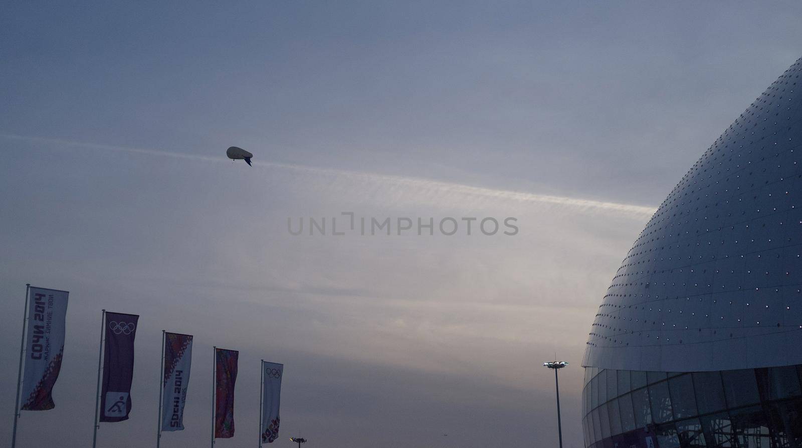 February 20, 2014.Sochi, Russia. An airship in the sky over the Bolshoi Ice Palace in Sochi.