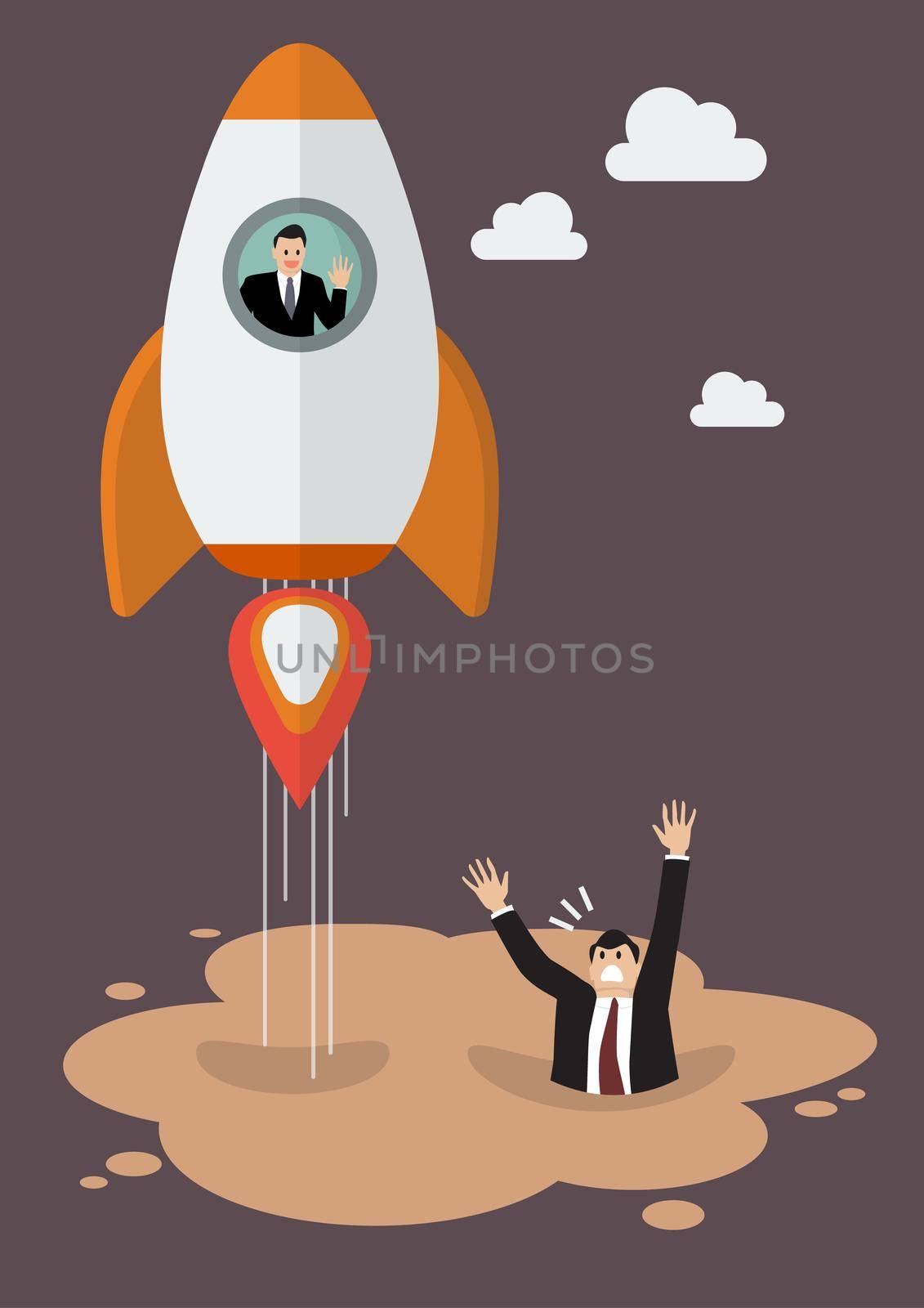 Businessman on a rocket get away from puddle of quicksand. Business concept