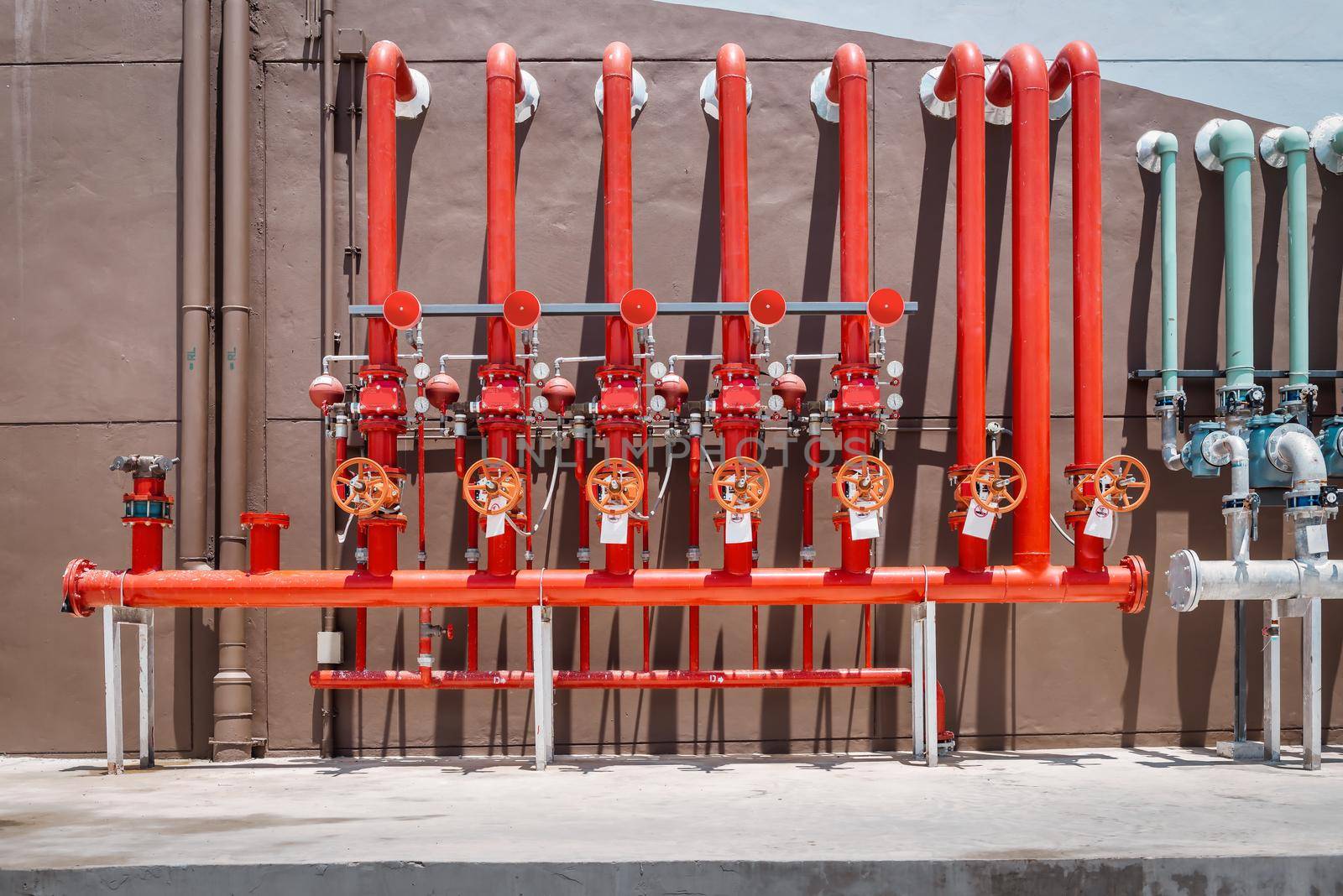 Firefighting Water Pipeline of Fire Protection Systems, Water Plumbing Sprinkler Pipe for Security Fire Prevention. Water Hose Hydrant and Control Valve for Emergency Fire Accident. Industry Equipment