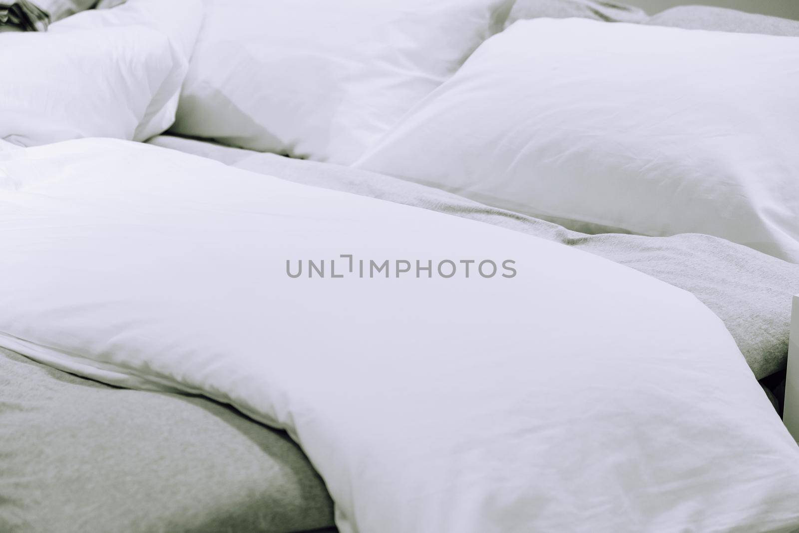 Close up image of Bed mattress Duvet with pillow and blanket