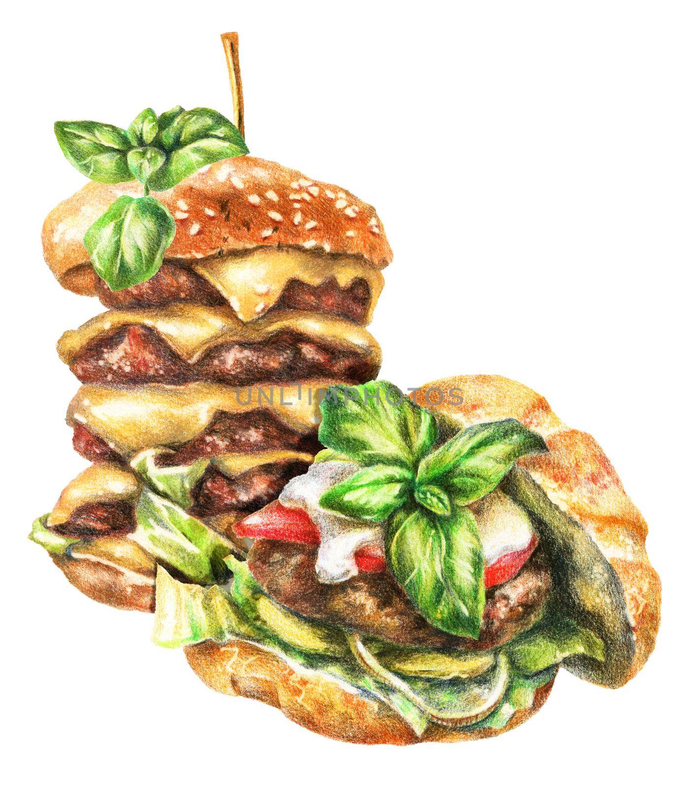 Color pencils realistic food illustration of assorted burgers. Hand-drawn object on white background.