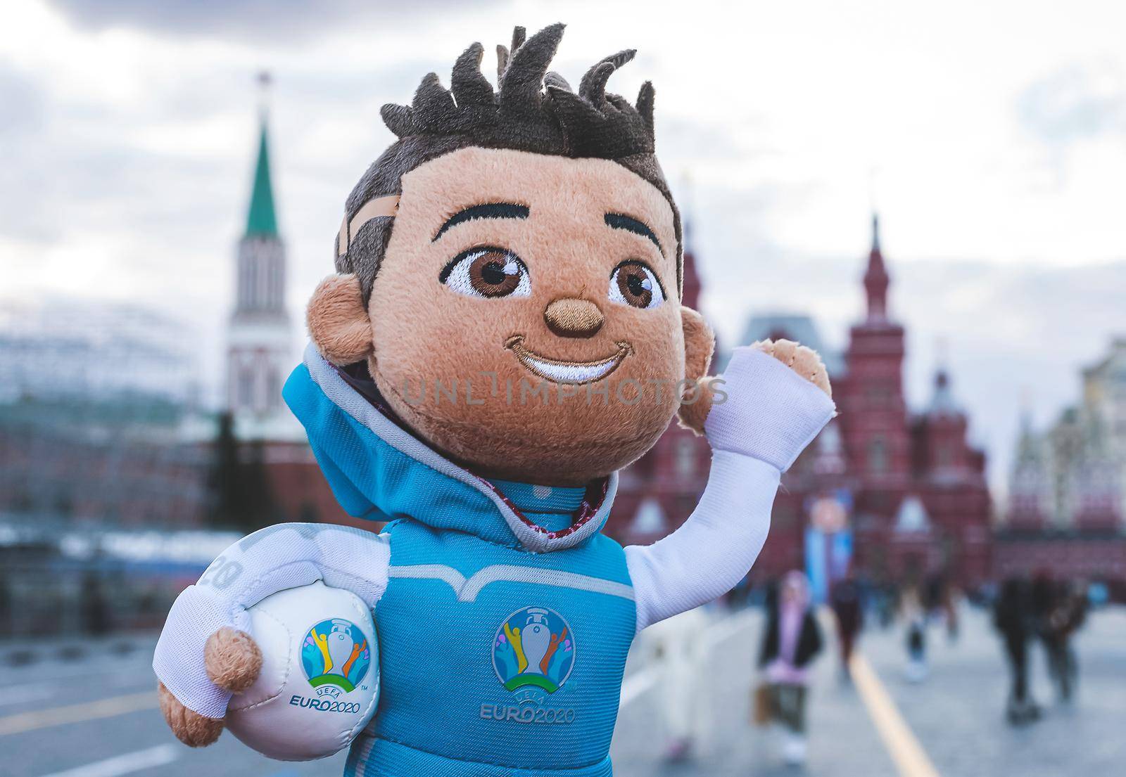 April 25, 2021, Moscow, Russia. The mascot of the European Football Championship 2020 Skillzy on Red Square in Moscow.