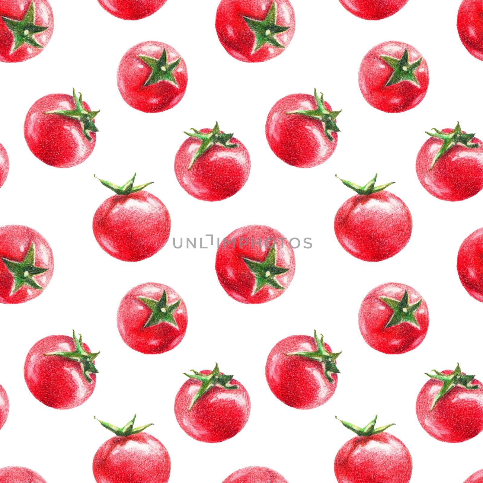 Color pencils realistic illustration of cherry tomatoes. Seamless pattern of hand-drawn tomatoes on white background.