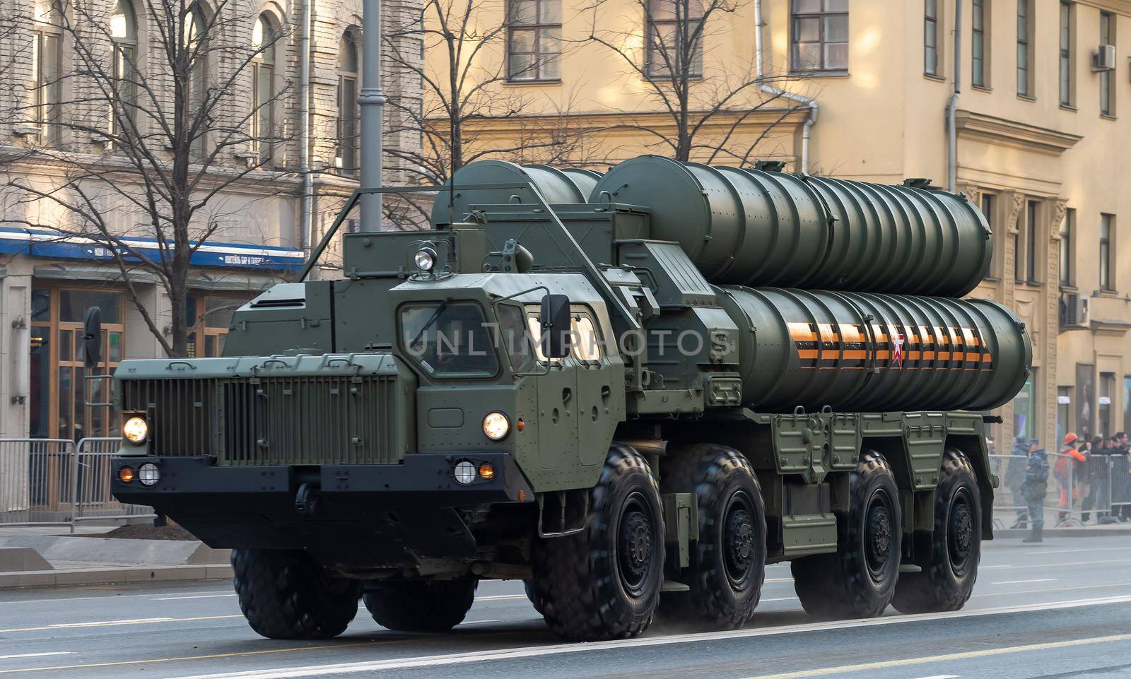 April 30, 2021 Moscow, Russia. Russian S-400 Triumph anti-aircraft missile system on Tverskaya Street in Moscow.