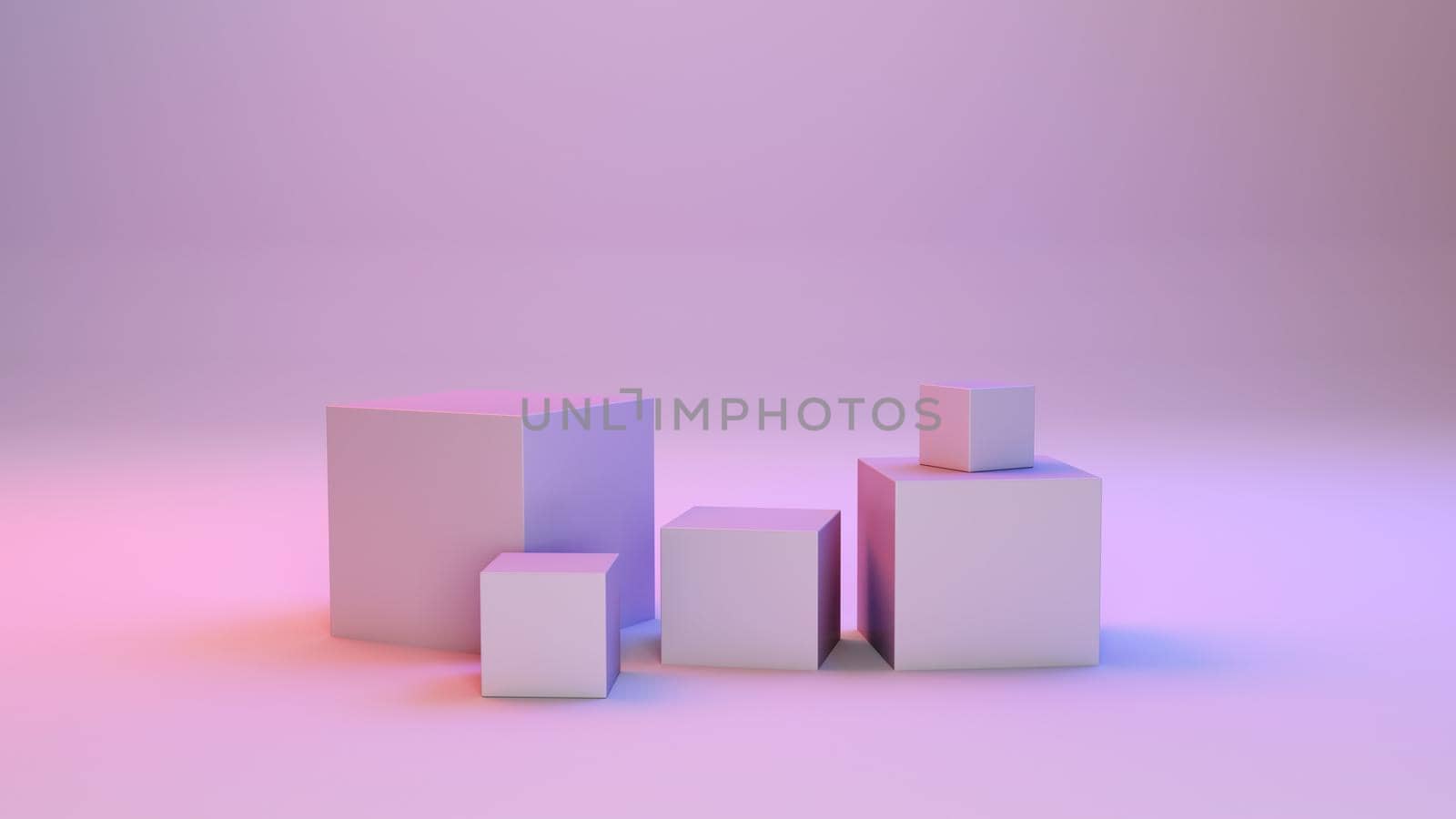 Minimal boxes and geometric podium. Scene with geometrical forms. Empty showcase for cosmetic product presentation. Fashion magazine. 3d render.