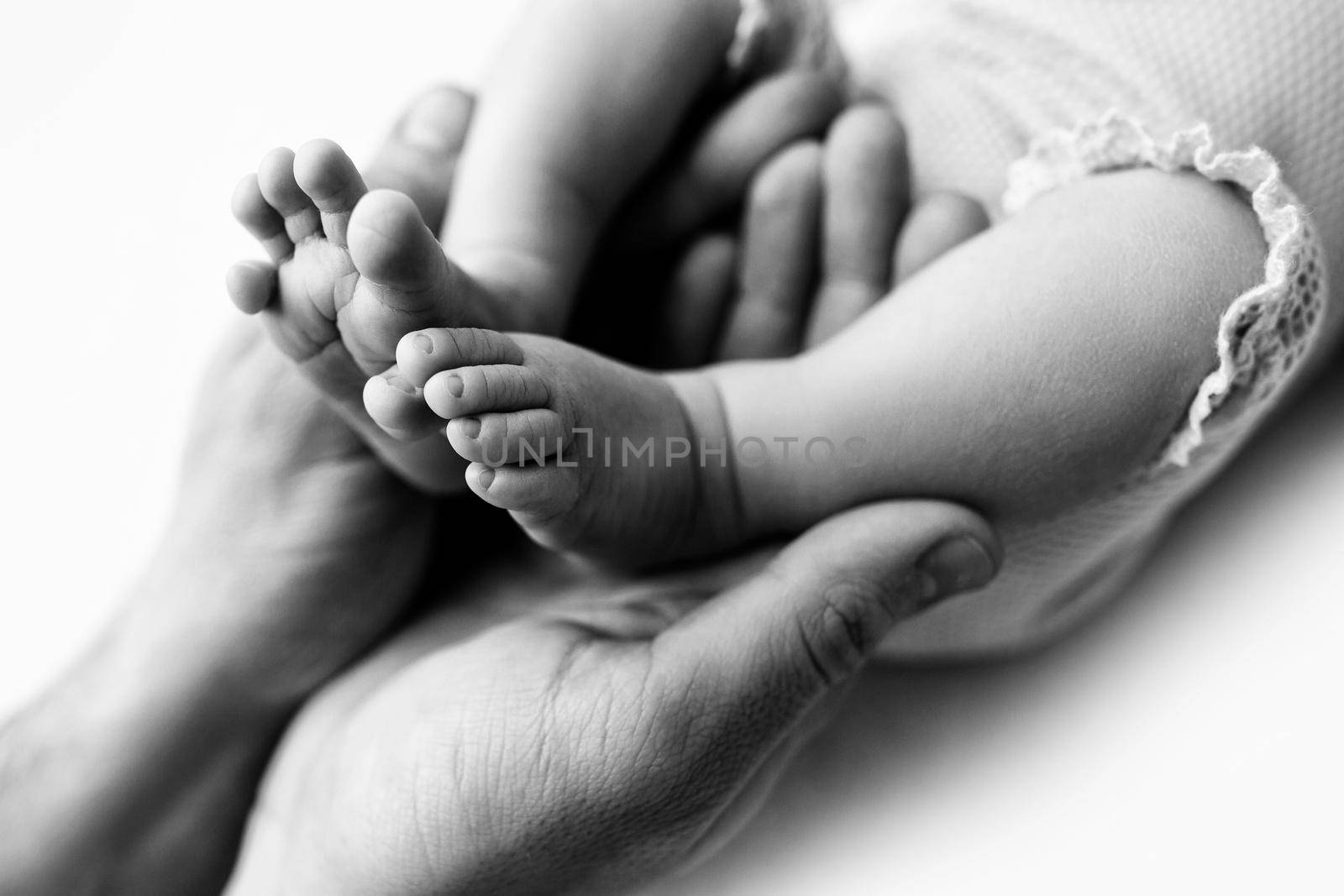 Feet of a newborn in the hands of a father, parent. Studio photography, black and white. Happy family concept. High quality photo