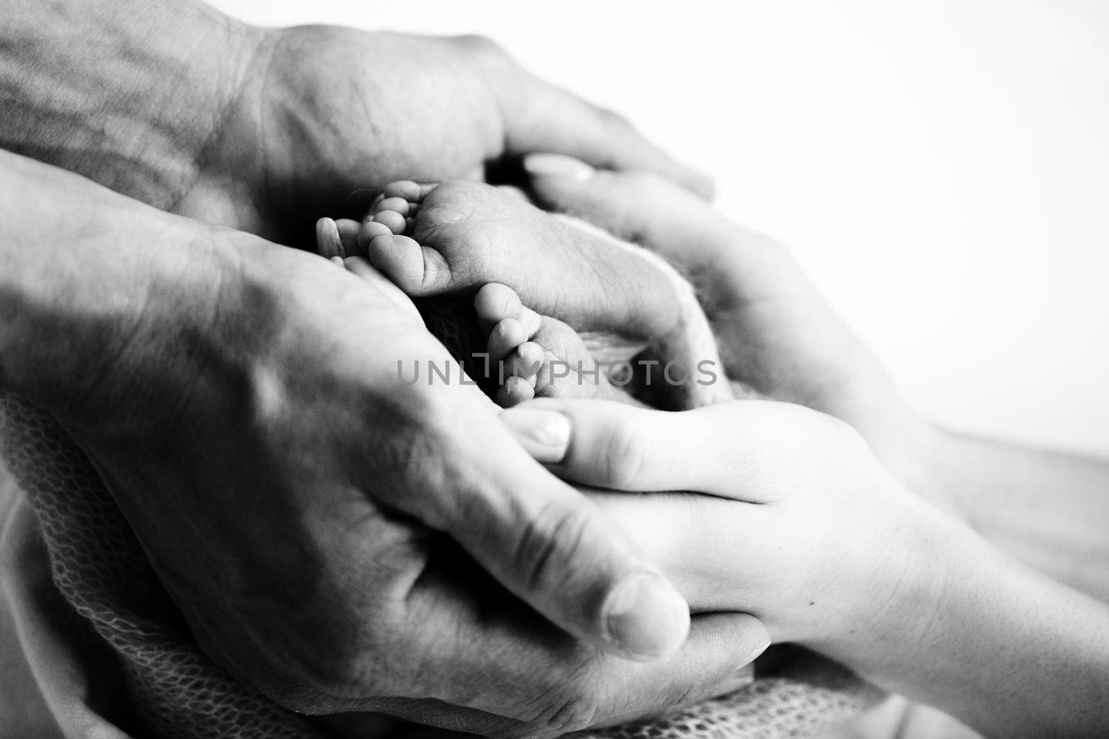 Children's feet in hold hands of mother and father on white. Mother, father and newborn Child. Happy Family people concept. Black and white. High quality photo