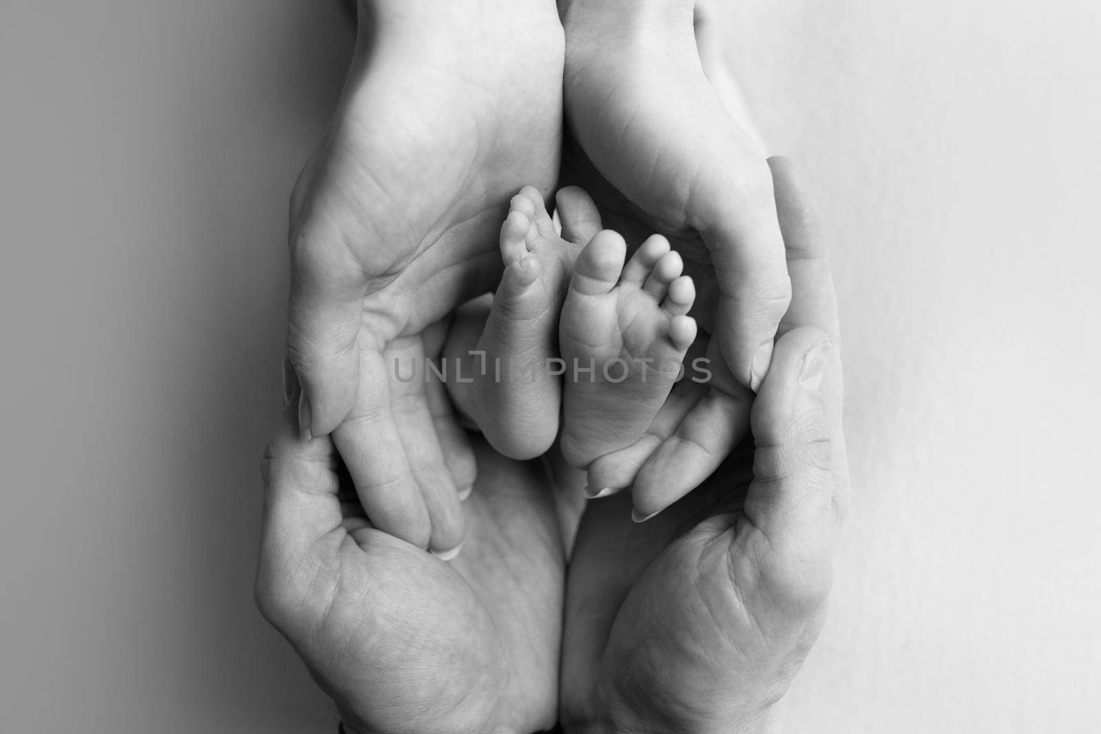 Children's feet in hold hands of mother and father on white. Mother, father and newborn Child. Happy Family people concept. Black and white. by Vad-Len