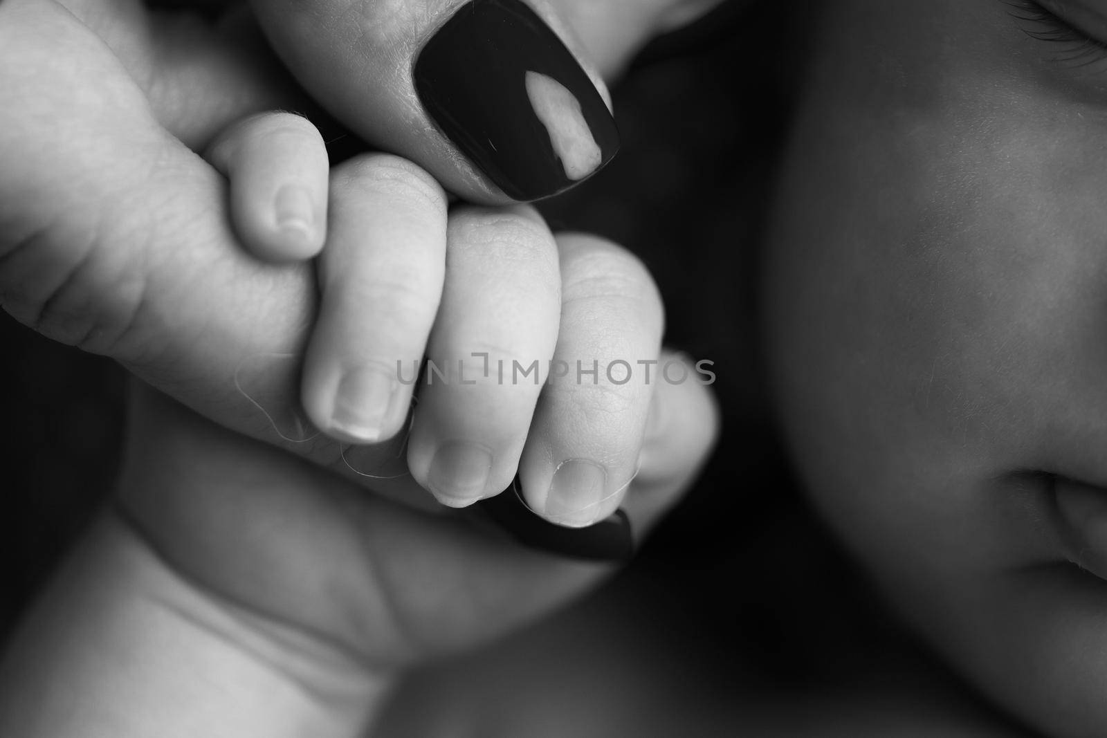 A newborn holds on to mom's, dad's finger. Hands of parents and baby close up. A child trusts and holds her tight. Black and white photo.  by Vad-Len