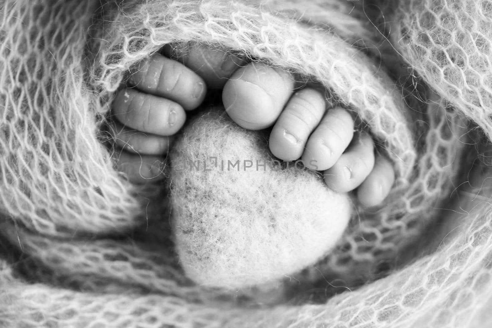 Feet of a newborn with a wooden heart, wrapped in a soft blanket. Black and white studio photography. High quality photo