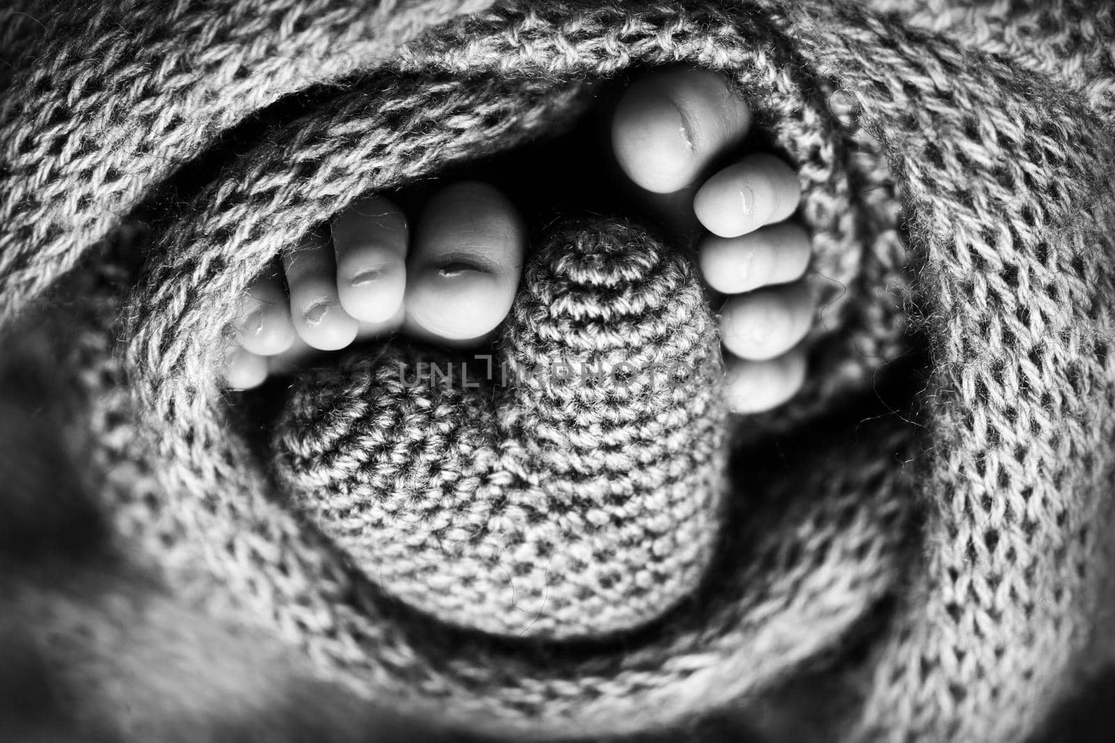 Feet of a newborn with a wooden heart, wrapped in a soft blanket. Black and white studio photography. High quality photo
