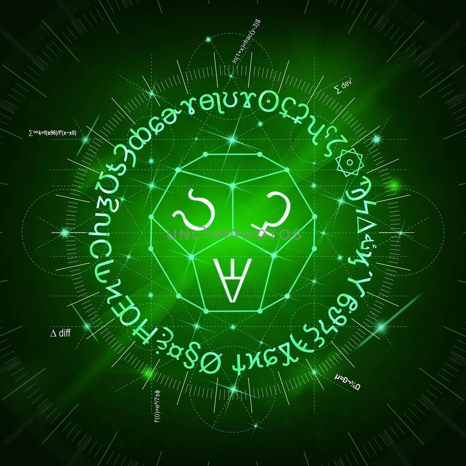 Abstract green background of glowing magic spells, formulas, signs, clockwork and sacred symbols