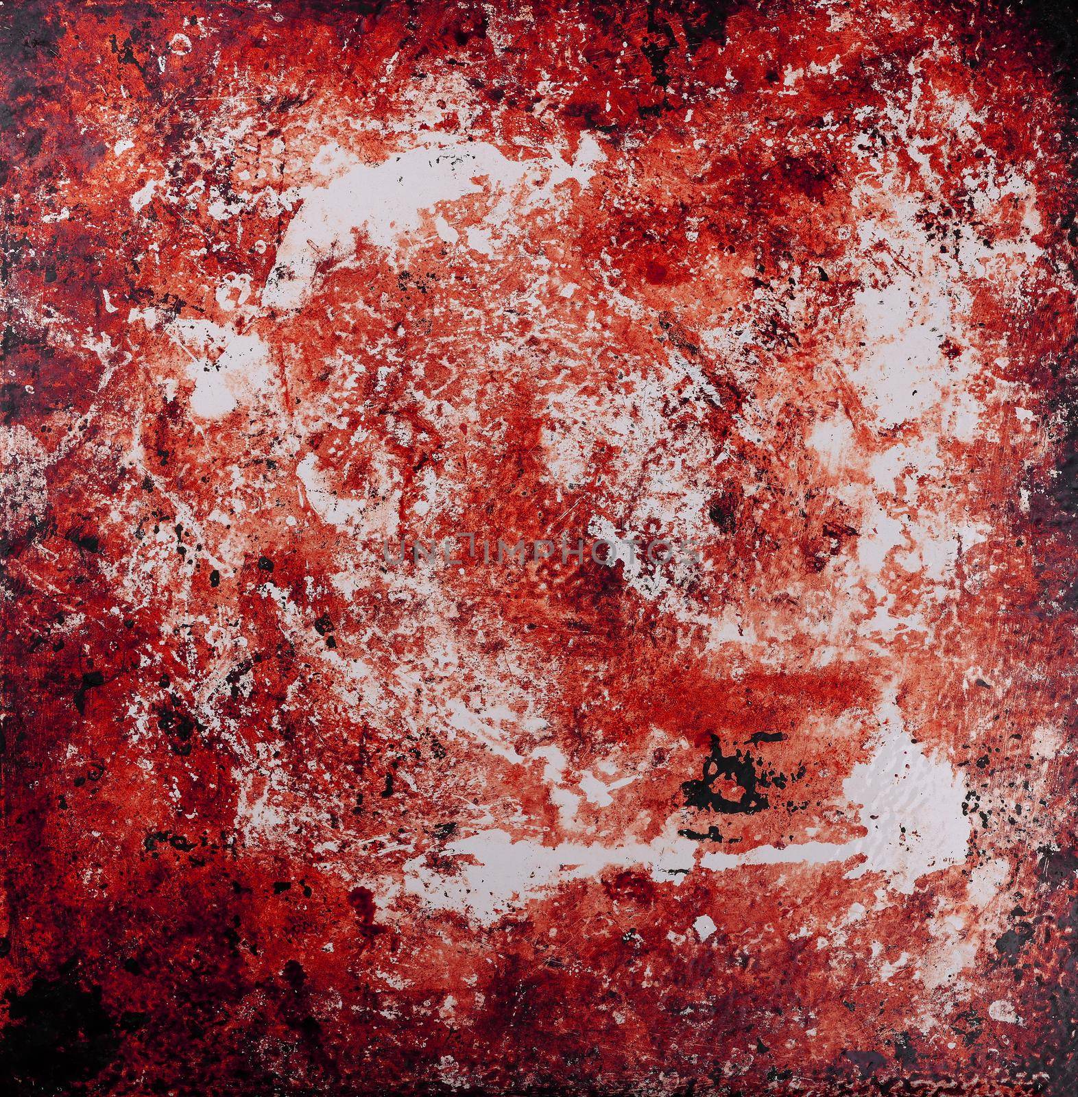 Close up grunge red and white abstract uneven background texture of vintage weathered surface with defects, stains and scratches