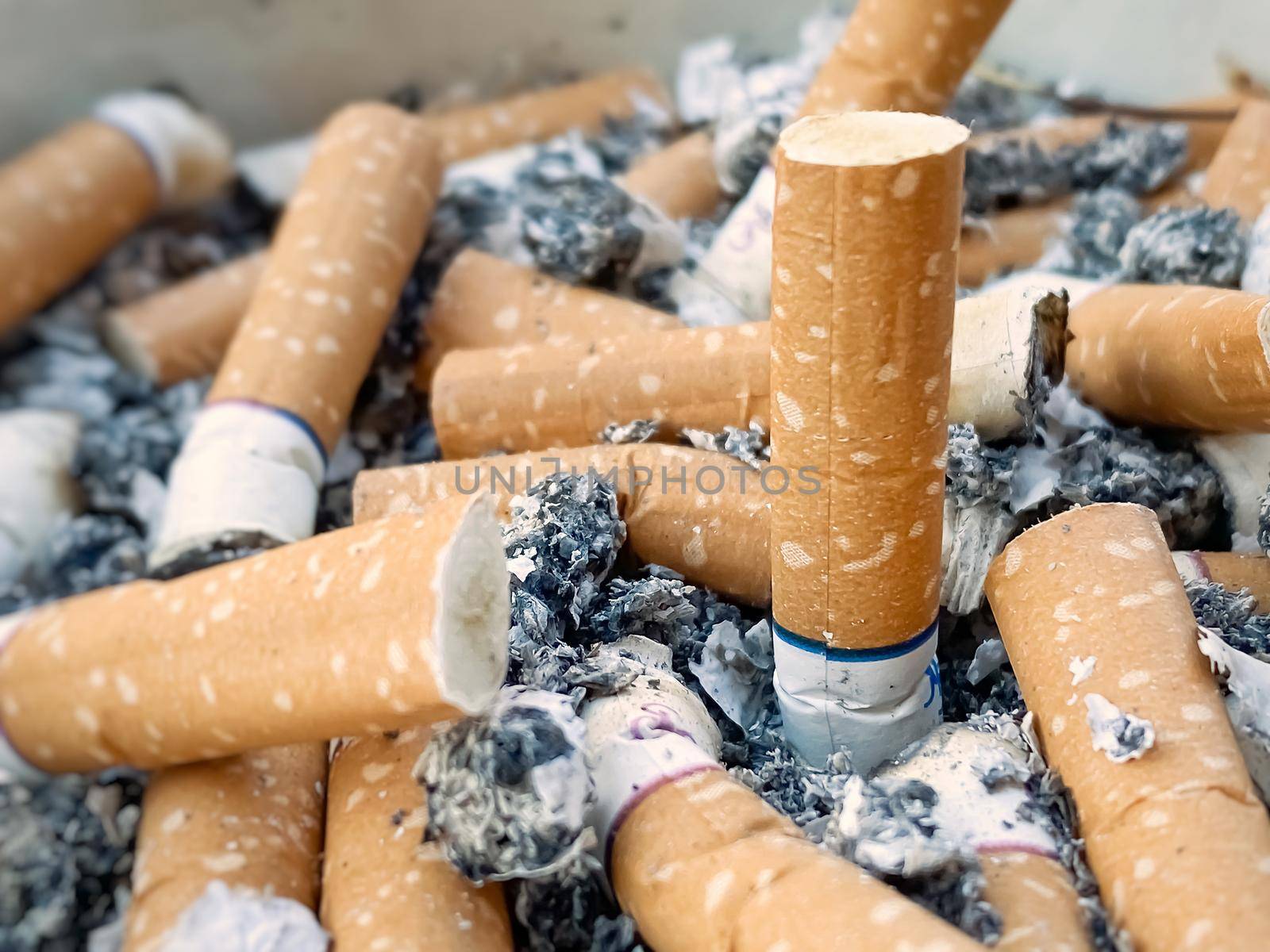 extinguished cigarette butts in an ashtray. Health care and medicine. Tobacco addiction.