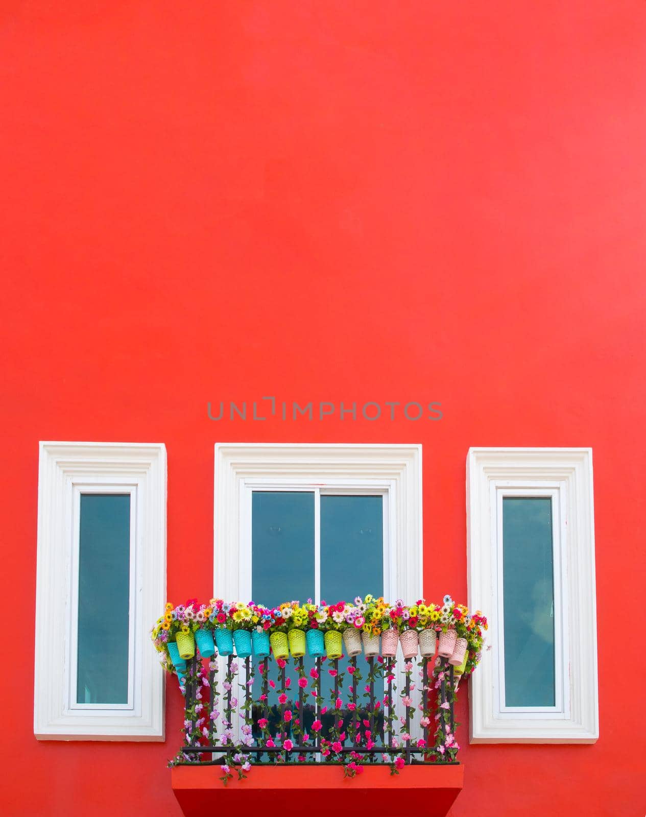 flower on balcony and vintage white windows on the red wall background
