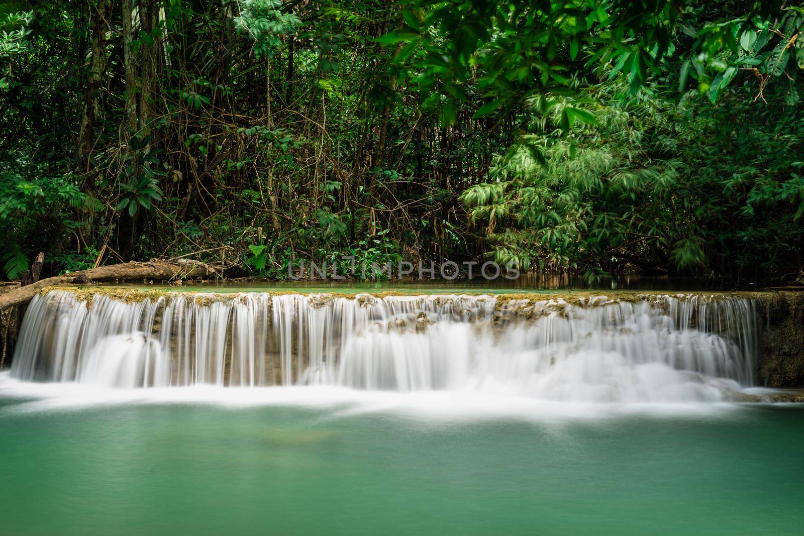 Huai Mae Khamin Waterfall at deep tropical rainforest in Srinakarin dam, national park in Thailand