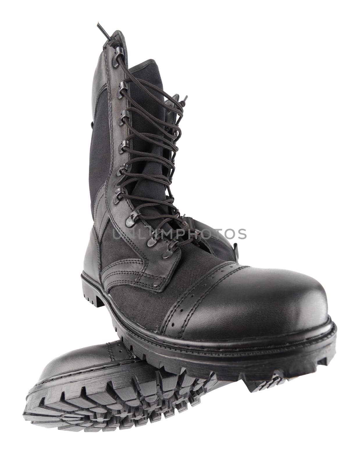 pair of new black summertime lightweight military boots with nylon parts isolated on white background. Ultra wide angle item view.