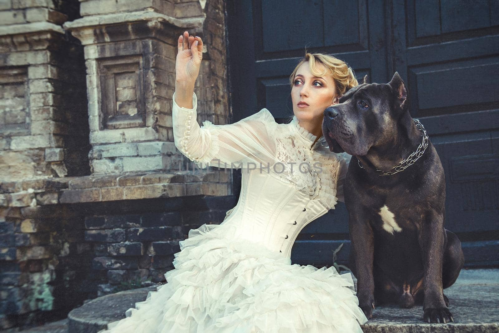 Girl in an old dress with ruffles and a big dark dog