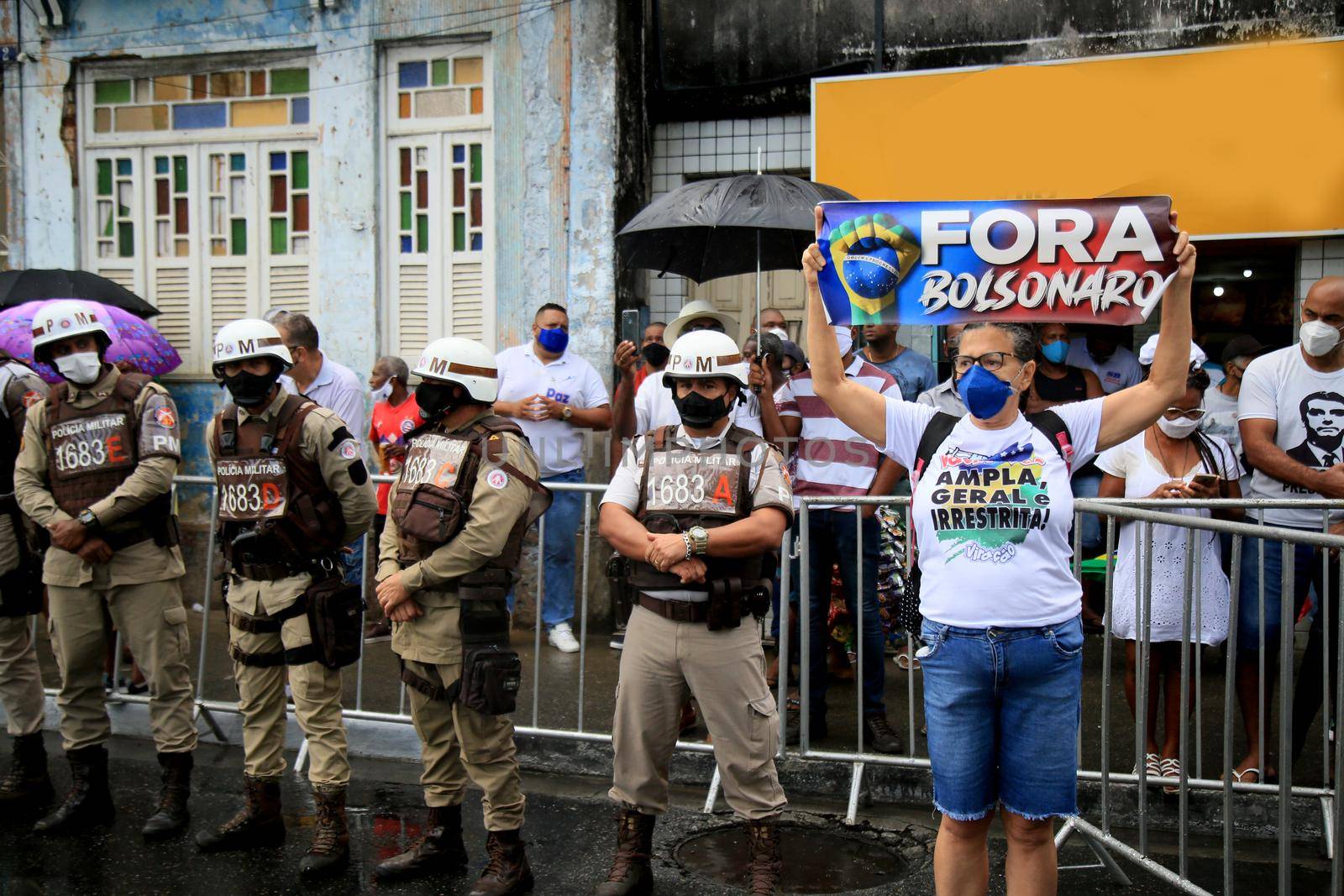 salvador, bahia, brazil - july 2, 2021: Protesters protest against President Jair Bolsonaro's government during Bahia Independence celebrations in the city of Salvador.
