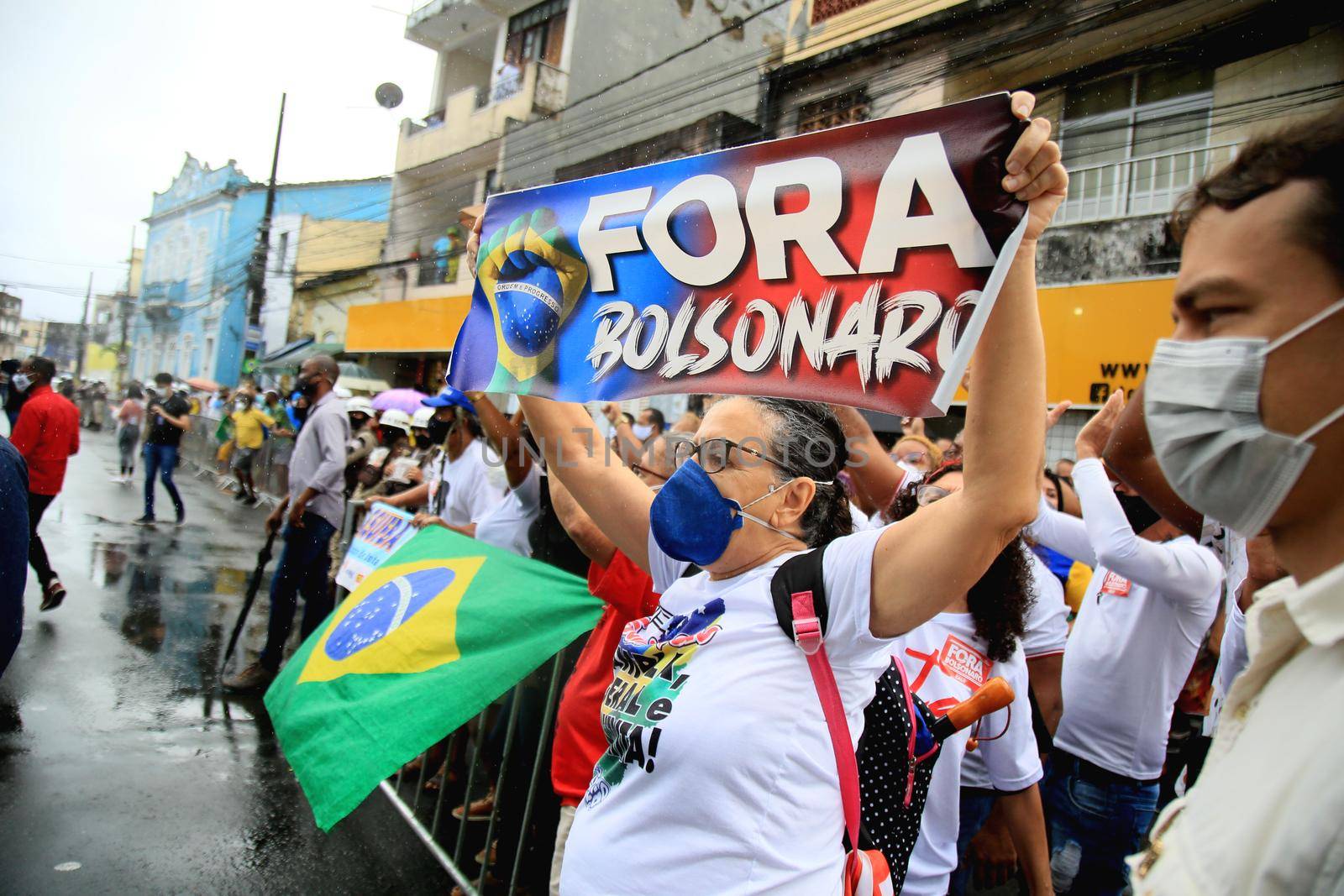 salvador, bahia, brazil - july 2, 2021: Protesters protest against President Jair Bolsonaro's government during Bahia Independence celebrations in the city of Salvador.
