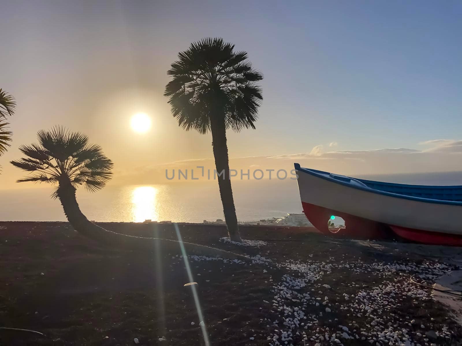 Boat and palm tree on sunset. Tenerife. Los Gigantes. High quality photo