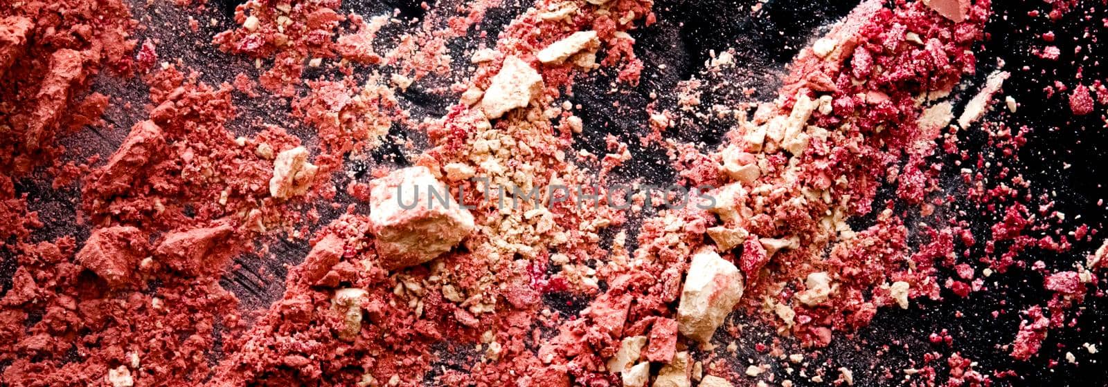 Crushed cosmetics, mineral organic eyeshadow, blush and cosmetic powder isolated on black background, makeup and beauty banner, flatlay design by Anneleven