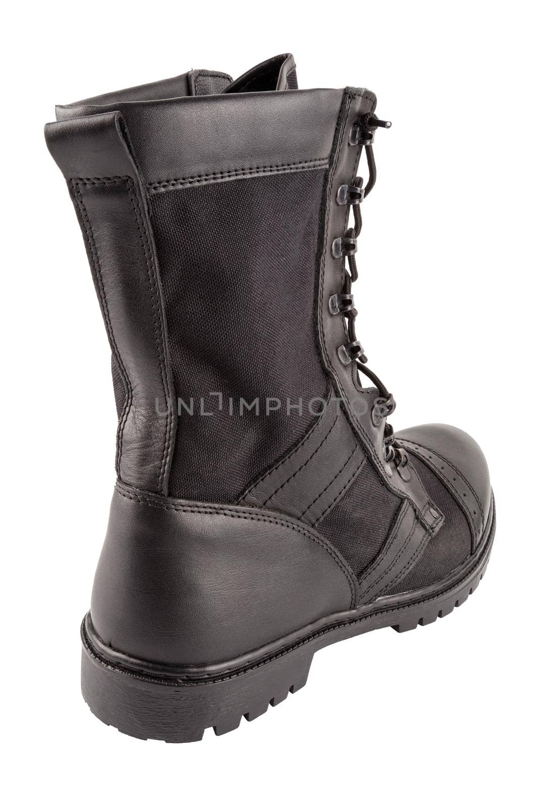 new black summertime lightweight military boot with nylon parts isolated on white background.