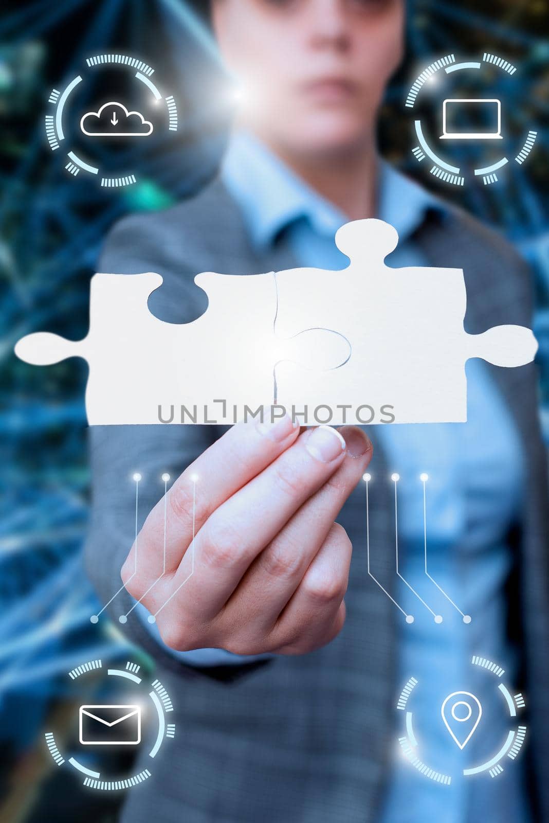 Business Woman Holding Jigsaw Puzzle Piece Unlocking New Futuristic Technologies. Palm Carrying Puzzles Part Displaying Solving Late Innovative Virtual Ideas. by nialowwa