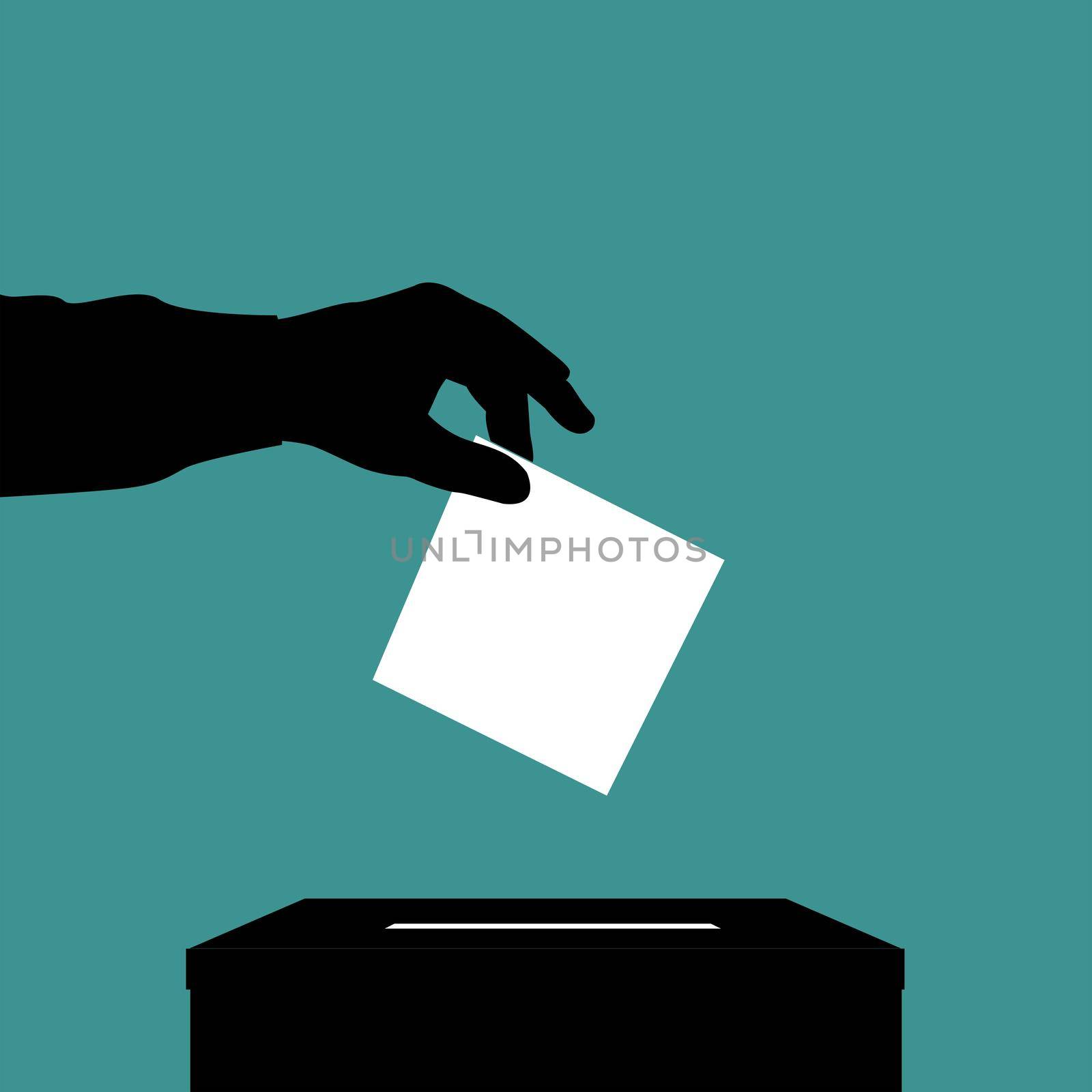 Silhouette of voter man putting ballot into voting box on green background by hibrida13
