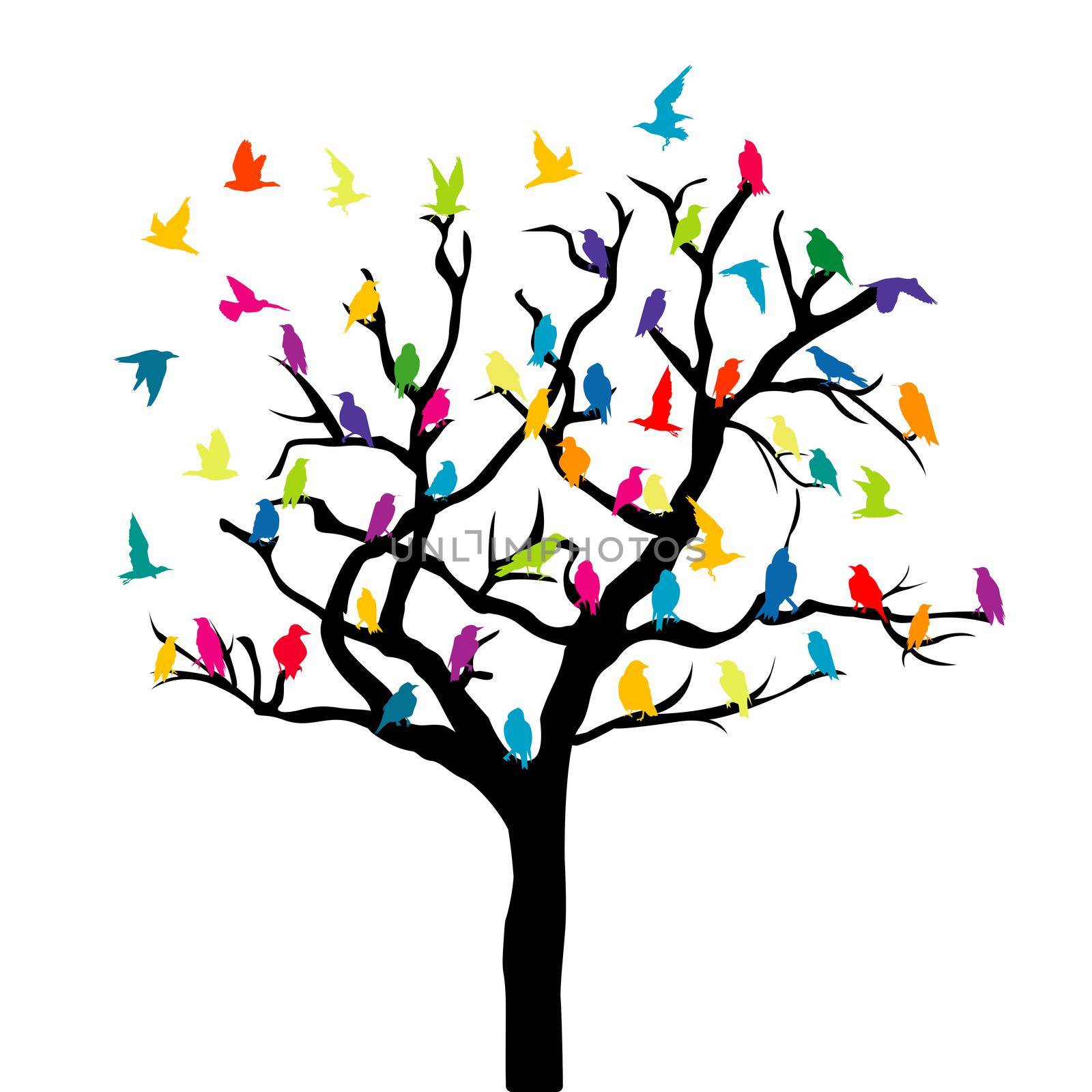 Tree with colored birds on white background