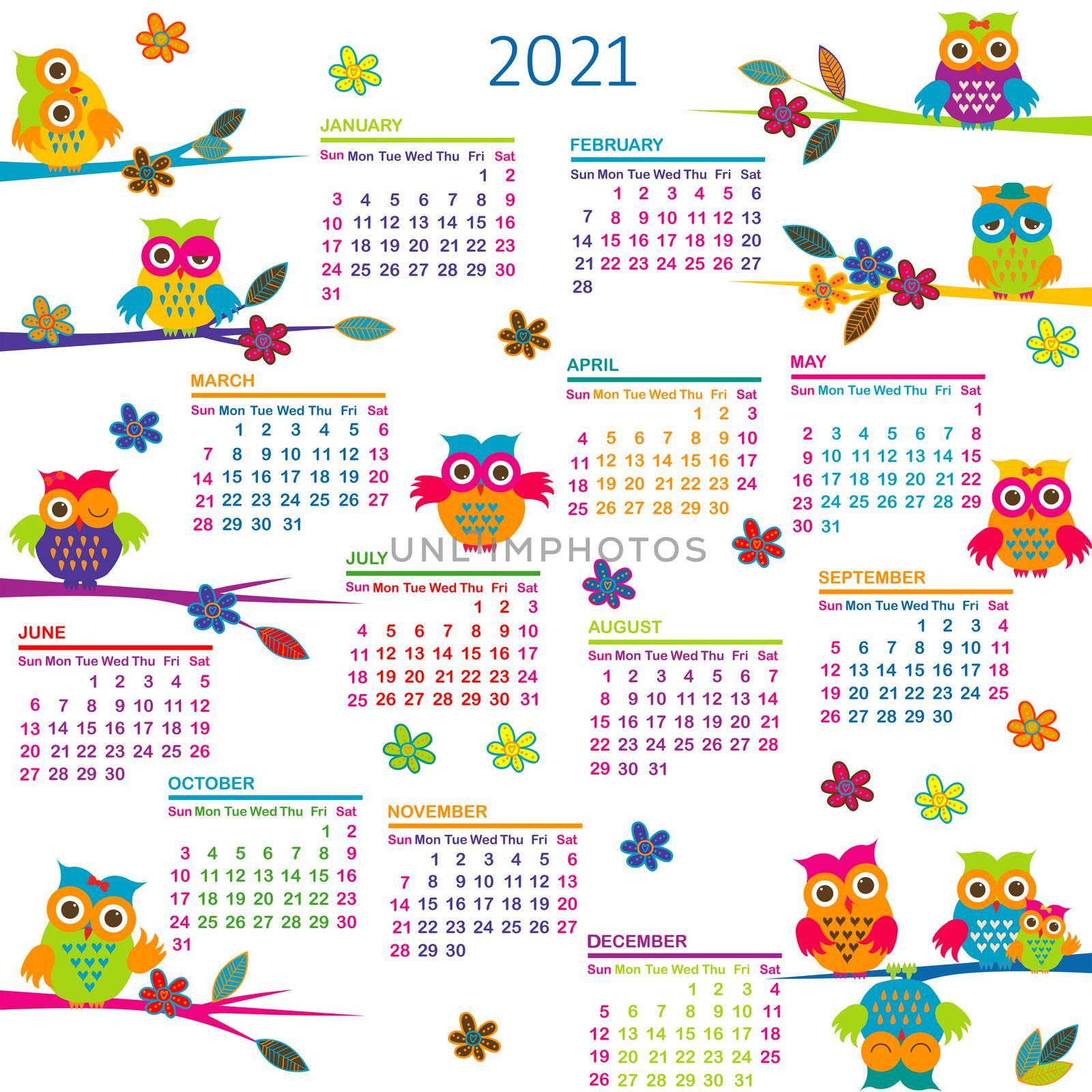 2021 Calendar with cartoon owls