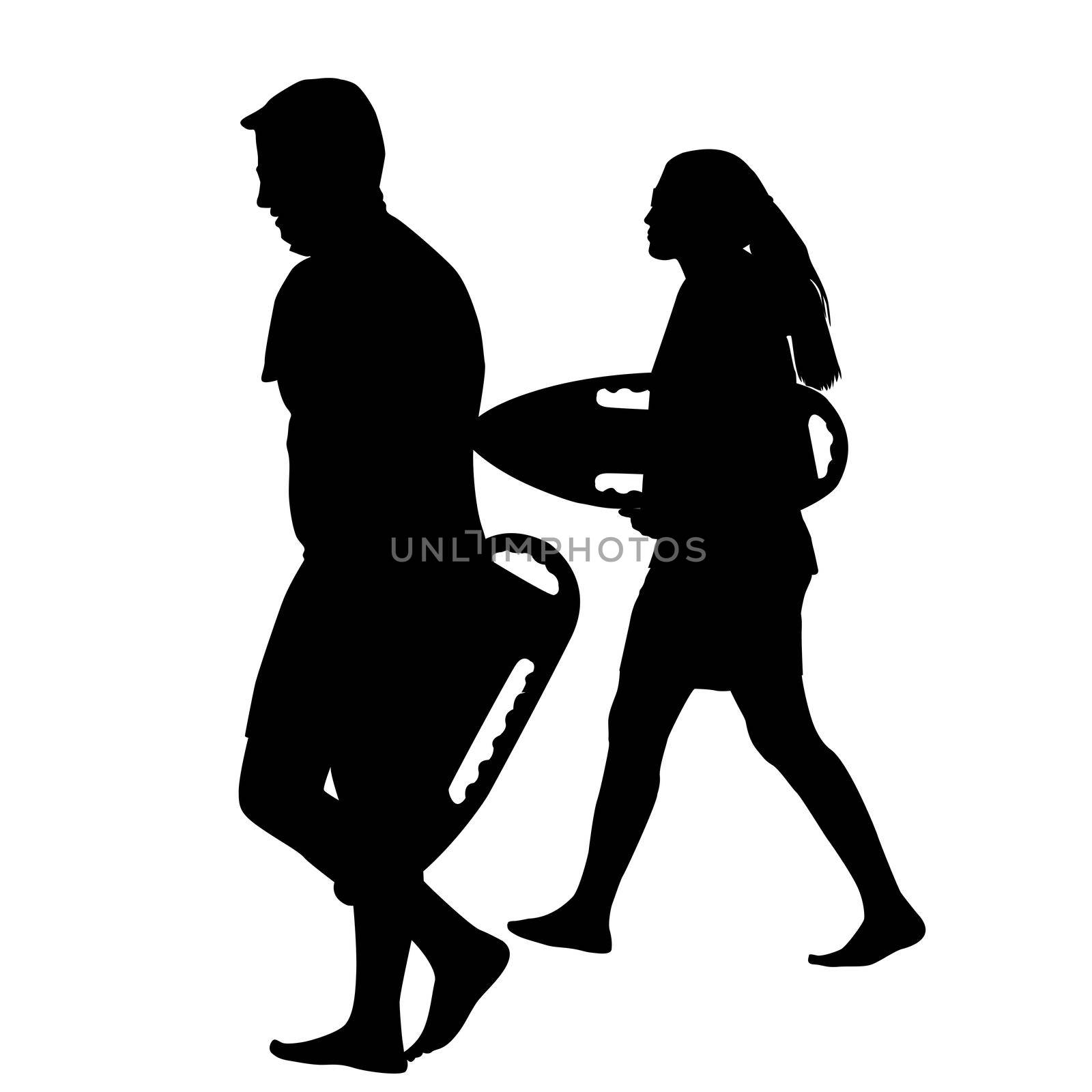Silhouettes of male and female lifeguards holding rescue cans