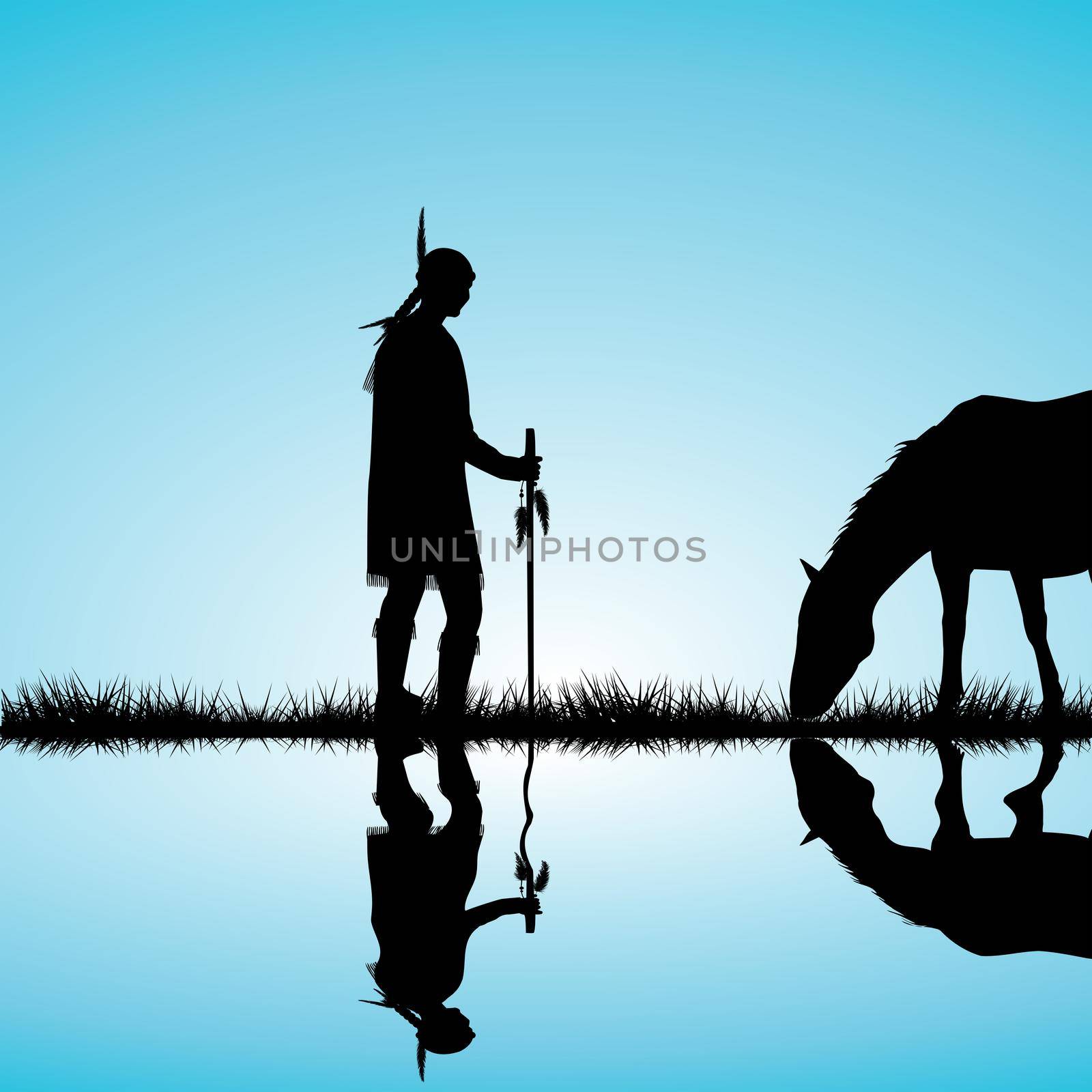 American Indian silhouette with horse on the shore of a lake reflecting in the water by hibrida13