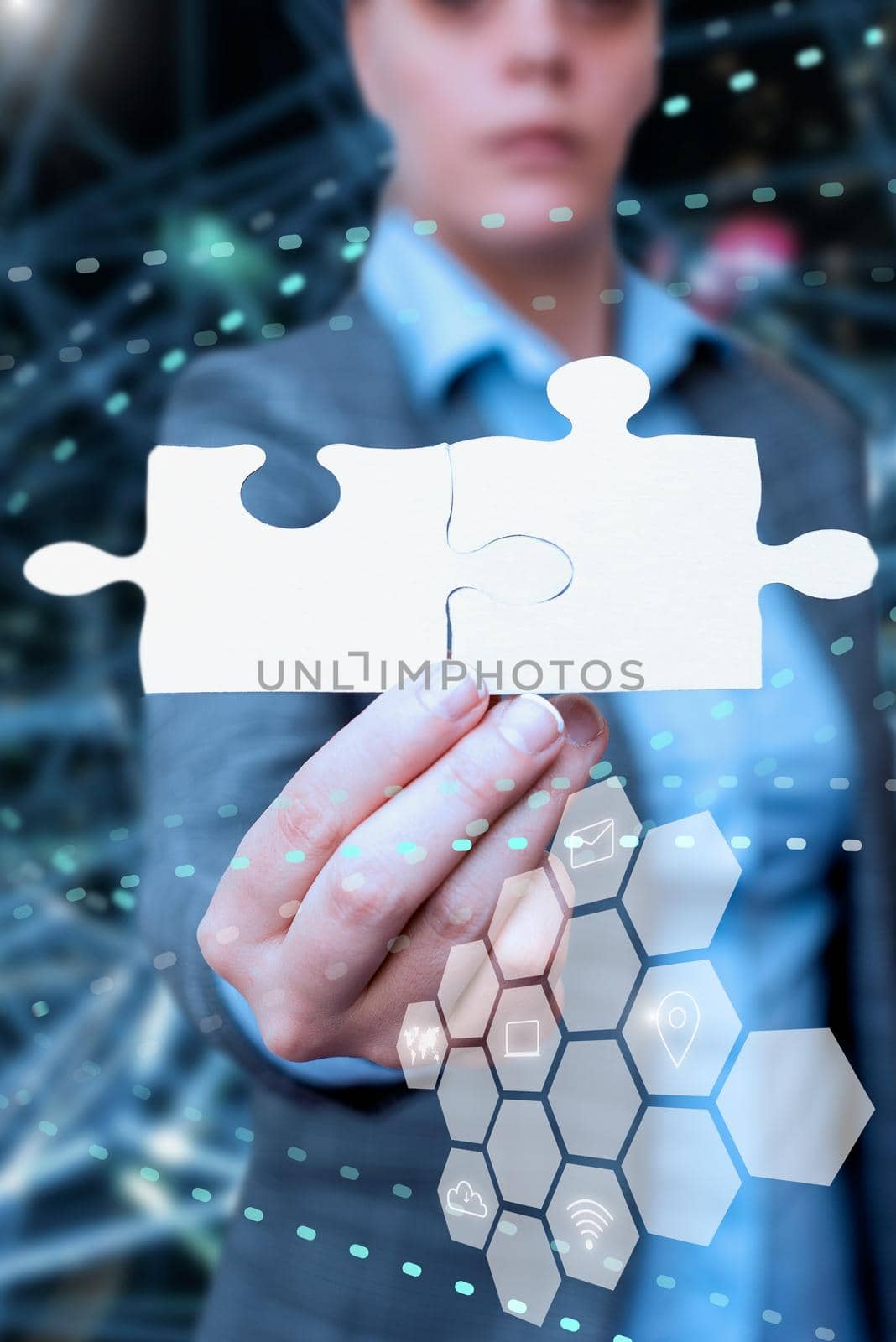 Business Woman Holding Jigsaw Puzzle Piece Unlocking New Futuristic Technologies. Palm Carrying Puzzles Part Displaying Solving Late Innovative Virtual Ideas. by nialowwa