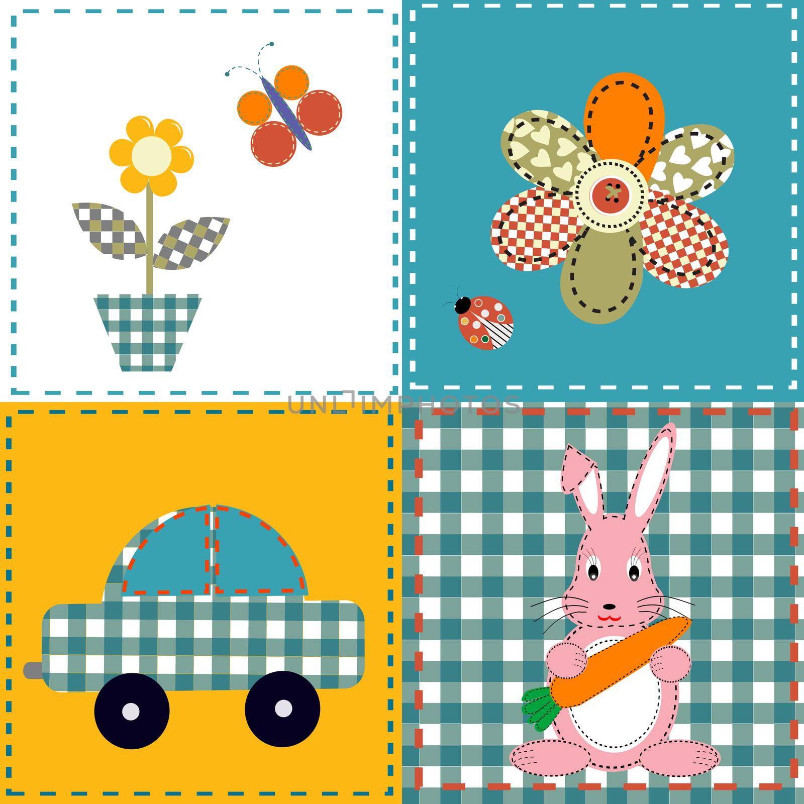 Patchwork design with bunny, car and flowers by hibrida13