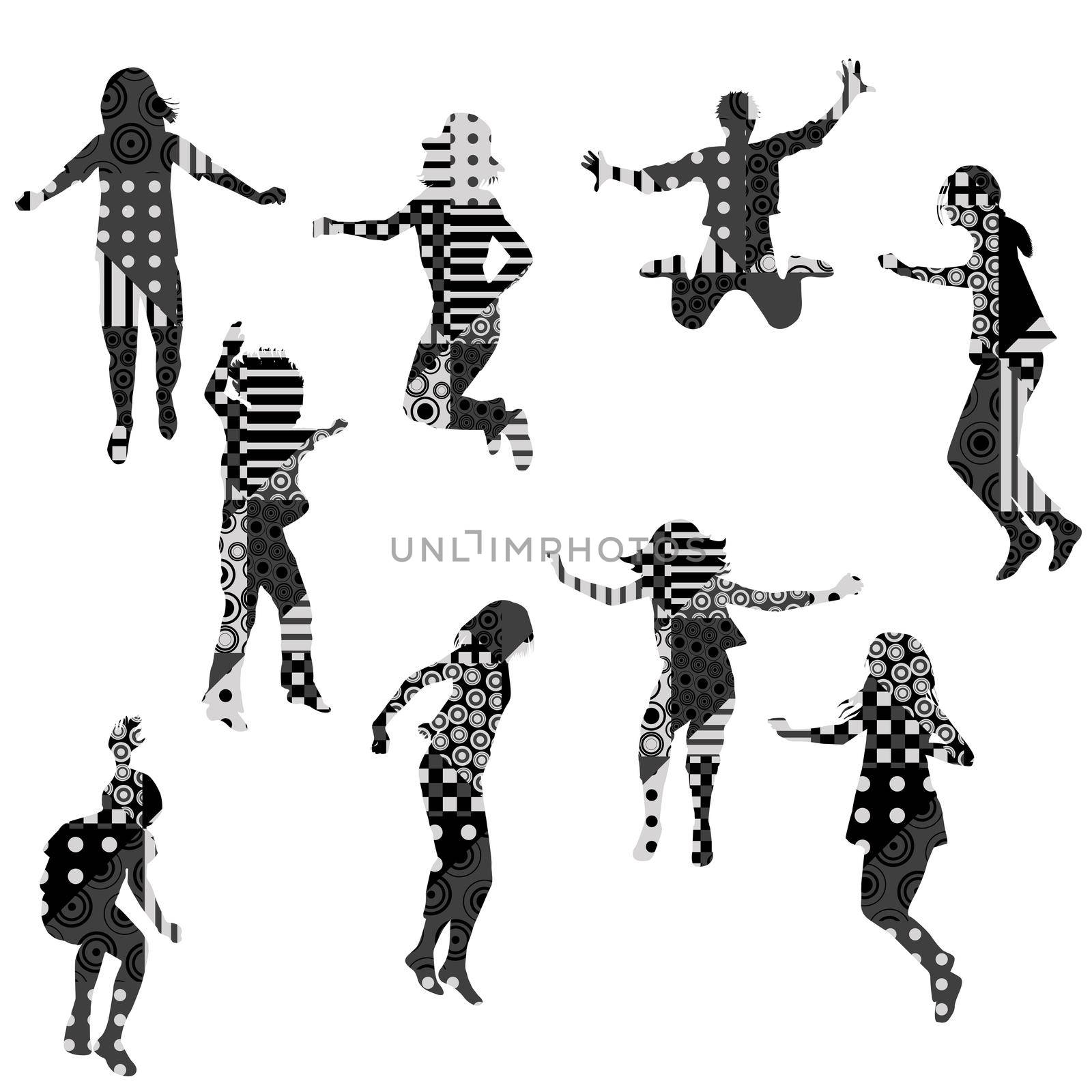 Silhouettes of jumping children with geometric pattern by hibrida13