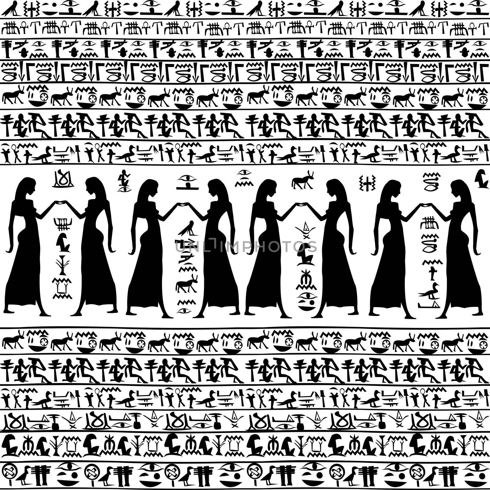 Black and white background with egyptian women and hieroglyphs by hibrida13